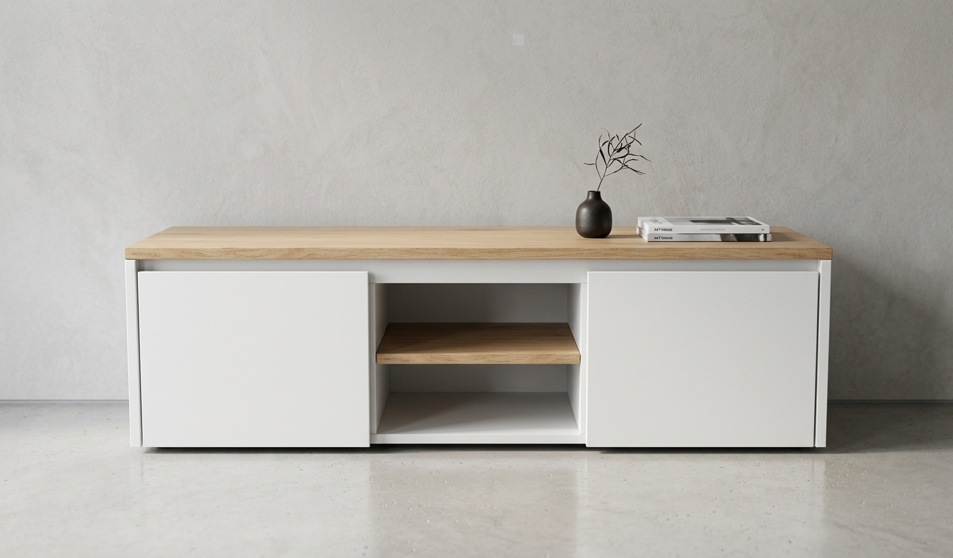 A clean studio photograph of the modern media console, maintaining the exact straight-on front angle and minimalist composition. The piece features a solid light oak top with authentic wood grain, organic texture, and soft beveled edges, paired with smooth matte white lacquered cabinet doors and frame. Soft, diffused studio lighting from the upper left creates realistic ambient occlusion in the open center shelf and subtle gradient shadows on the floor. Captured on a 50mm prime lens with crisp focus, natural depth of field, neutral white balance, and realistic material roughness for a clean, authentic catalog look.