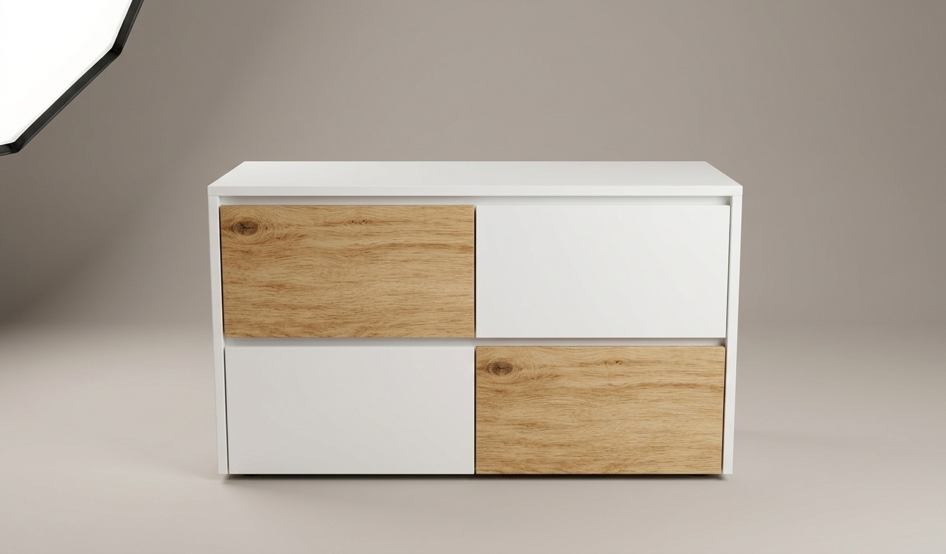 A commercial studio photograph of the modern credenza, featuring a smooth satin-white frame and four drawer faces in an alternating checkerboard pattern of tactile natural oak veneer and matte white lacquer. Illuminated by soft, diffuse studio lighting that creates authentic ambient occlusion along the panel gaps and subtle contact shadows underneath. Captured straight-on with a 50mm lens, highlighting realistic wood grain textures, crisp micro-beveled edges, neutral color balance, and natural material finishes while perfectly preserving the composition and geometry.