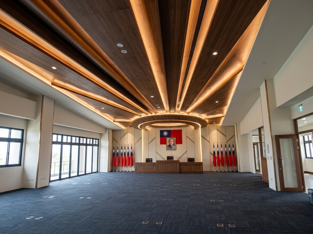 An incredibly lifelike, richly detailed, photorealistic wide-angle interior photograph of a newly completed, prestigious municipal council assembly hall set in Budai Township. The scene is illuminated by warm recessed LED cove lighting layered along the radial ceiling slats and soft coastal daylight filtering through the black-framed side windows, creating a solemn, elegant, and authoritative atmosphere. Captured with a professional full-frame architectural camera and a 24mm tilt-shift lens, emphasizing the rich natural wood textures of the unaltered sunburst ceiling, the fine acoustic wall details, and the plush surface of the silent flooring.

The front feature wall is transformed into a dignified, acoustic-paneled focal point inspired by Budai's coastal ripples and salt crystal geometry, finished in warm ivory and subtle brushed brass trim. Prominently mounted at the center is the Republic of China national flag alongside the formally wood-framed portrait of Dr. Sun Yat-sen, flanked symmetrically on each side by heavy executive flag stands, each holding six crisp national flags on polished wooden poles. The cold tile floor is entirely replaced with premium imported dark slate-and-navy acoustic carpet tiles, dampening echo while anchoring the formal walnut council dais and executive leather seating in refined civic splendor.