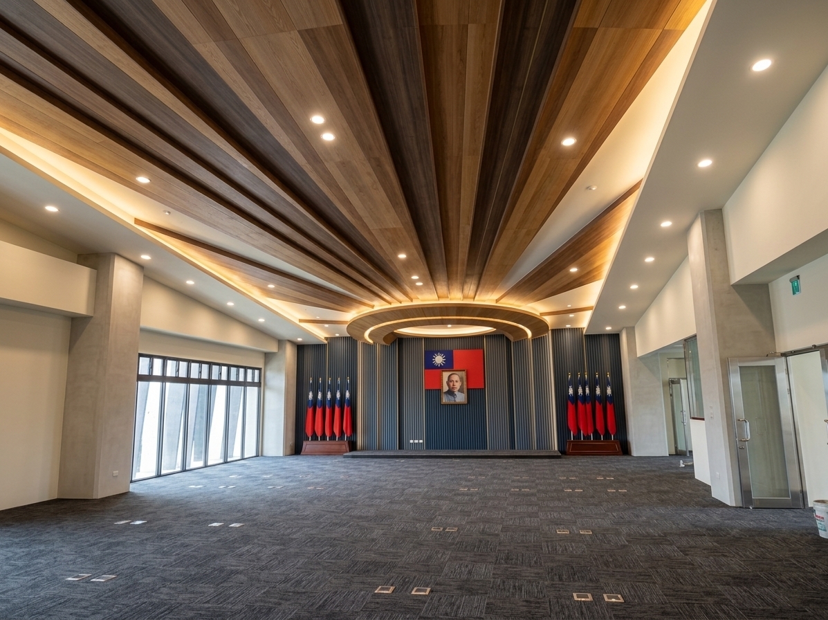 An incredibly lifelike, richly detailed, photorealistic wide-angle interior photograph of a newly completed municipal assembly chamber set in the Budai Township public council hall. The scene is illuminated by recessed warm-white ceiling downlights, soft halo cove lighting, and bright natural daylight streaming through the left floor-to-ceiling windows, creating a solemn, prestigious, and sophisticated civic atmosphere. Captured with an ultra-sharp 24mm architectural lens, emphasizing the rich natural grain of the ceiling timber, refined acoustic carpet textures, and polished metal finishes.

The architectural centerpiece remains the striking, preserved sunburst ceiling—its sweeping multi-toned timber slats radiating outward in an immaculate fan shape from the arched canopy above the stage. Directly below, the front feature wall is transformed into a dignified, modern backdrop clad in acoustic vertical fluted paneling in muted maritime tones—deep slate and subtle navy hues evoking Budai's coastal harbor heritage—accented with brushed brass reveals. Centered prominently on this feature wall hangs the Republic of China (Taiwan) National Flag alongside a framed portrait of Dr. Sun Yat-sen in a rich dark walnut wood frame. Flanking both sides of the elevated dais stand polished mahogany flag bases, each bearing six neatly fanned national flags. Across the entire floor, the cold tile is replaced with premium sound-dampening modular carpet tiles in an elegant deep charcoal and heather-gray weave, seamlessly unifying the space into an authoritative, quiet, and contemporary civic council hall.