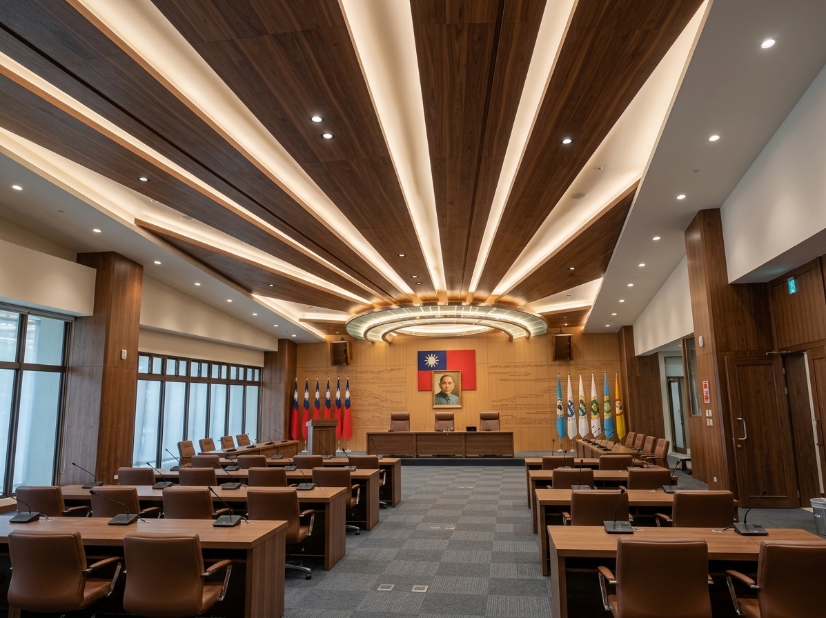 An incredibly lifelike, richly detailed, photorealistic wide-angle eye-level interior photograph of a prestigious municipal council chamber set in a revitalized civic hall. The scene is illuminated by warm recessed LED downlights and soft indirect cove lighting radiating along the dramatic sunburst timber ceiling, combined with gentle daylight filtering through the large side windows, creating an elegant, solemn, and inspiring retro-futuristic atmosphere. Captured with a 24mm tilt-shift architectural lens, emphasizing rich walnut textures, plush carpet pile, and refined geometric symmetry. 

At the center of the room stands an imposing acoustic feature wall subtly etched with flowing horizontal motifs inspired by the coastal salt flats and ocean tides of Budai Township. Elegantly centered on the wall hangs the wood-framed portrait of Dr. Sun Yat-sen alongside the Republic of China national flag, balanced symmetrically on each side by freestanding polished timber stands holding six ceremonial flags each. The entire hall is grounded with high-grade, noise-dampening modular acoustic carpet tiles in sophisticated slate-gray tones. Facing the hall, the elevated chairman’s dais features three stately ergonomic leather chairs behind a streamlined walnut conference desk, accompanied by a sleek matching presenter's podium. Arranged precisely across the floor are modern, substantial wood-finished conference tables accommodating 12 council representative seats and 16 attendee seats, fully equipped with integrated conference microphones and clean cable management, harmonizing functional civic authority with sophisticated modern design.