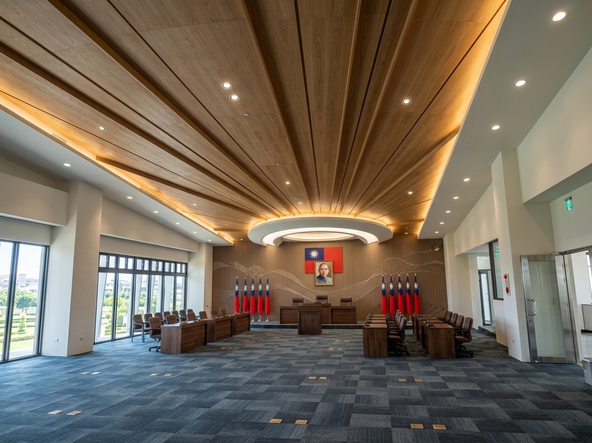 An incredibly lifelike, richly detailed, photorealistic wide-angle interior photograph of a newly completed, prestigious municipal council chamber set in Budai Township. The scene is illuminated by clear midday spring natural light streaming through the expansive floor-to-ceiling side windows and balanced by warm recessed LED downlights and hidden cove lighting, creating a solemn, highly professional, and dignified atmosphere. Captured with a 24mm tilt-shift architectural lens, emphasizing the rich natural grain of bespoke timber, the layered textures of acoustic wall cladding, and the low-sheen finish of commercial carpet tiles. 

Retaining the signature radiating wooden sunburst ceiling design unchanged, the main feature wall is transformed into a majestic architectural focal point with sound-insulating fluted wall paneling in refined earth tones, subtly incorporating abstract flowing wave and crystalline line textures inspired by Budai's coastal heritage and salt fields. Center stage on the feature wall hangs the officially framed portrait of Dr. Sun Yat-sen alongside the Republic of China flag, framed symmetrically on either side by twin executive flag stands, each displaying six polished national flags. The floor is fully fitted with premium imported sound-absorbing geometric carpet tiles in sophisticated deep slate-grey and oceanic undertones. Arranged in balanced parliamentary tiers are tailored, contemporary solid walnut conference desks with integrated digital microphones and ergonomic leather armchairs—comprising a central elevated 3-seat Chairman dais, a sleek modern reporting rostrum for 1 speaker, 12 dignified representative desks facing the center, and 16 neatly aligned observer seats, delivering an aura of civic order, modern authority, and refined elegance.