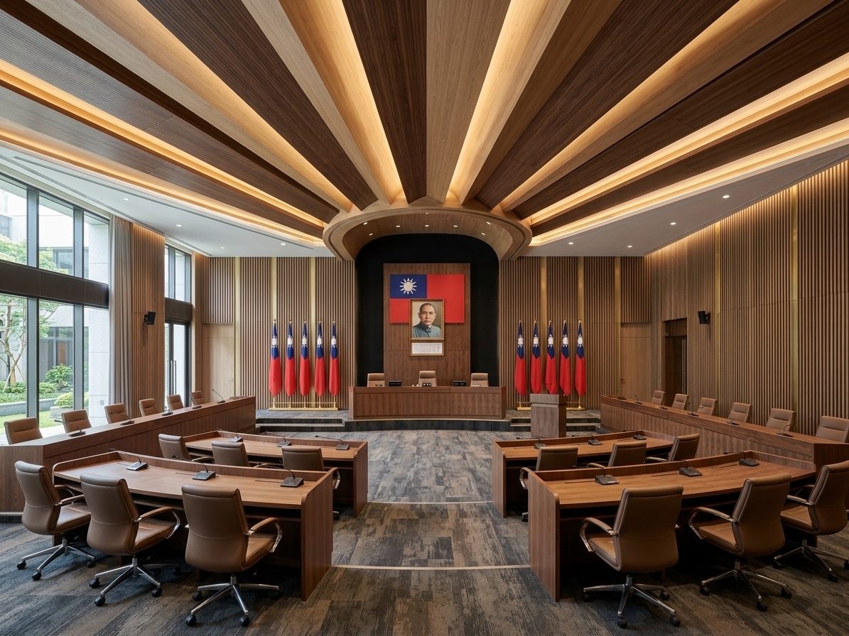 An incredibly lifelike, richly detailed, photorealistic wide-angle architectural interior photograph of a newly completed, prestigious municipal council chamber set in a modern civic government hall. The scene is illuminated by warm, concealed architectural LED cove lighting nested within the ceiling ribs combined with soft, natural daylight streaming through the floor-to-ceiling side windows, creating a stately, dignified, and solemn yet welcoming atmosphere. Captured with a professional full-frame camera and a 24mm tilt-shift architectural lens, emphasizing the fine natural grain of warm walnut woodwork, the crisp texture of acoustic carpet tiles, and the clean geometric lines of the custom civic furniture.

Preserving the room’s signature fan-shaped ceiling with alternating natural oak and rich walnut radiating panels converging toward the sculpted semicircular arch, the chamber is transformed into a harmonious arena of local governance. 

### Focal Backdrop & Symbolic Decor
The far main wall is designed as a commanding architectural feature wall, cladded in refined vertical fluted acoustic wood slats in warm ash and smoked oak, punctuated by subtle champagne-gold metallic reveals. 
* **National Emblems:** Mounted precisely at the center of the backdrop is the framed official portrait of Dr. Sun Yat-sen framed in solid walnut, displayed alongside the national flag of the Republic of China (ROC). 
* **Ceremonial Flags:** Flanking the stage symmetrically are two substantial brushed brass flag stands, each proudly displaying six neatly draped ROC national flags on polished wooden poles with brass finials.

### Spatial Layout & Custom Wooden Furnishings
The floor plan is masterfully calibrated to balance democratic deliberation, civic authority, and open dialogue:
* **Chairman / Presidium (主席區 - 3 Seats):** Elevated on a slight single-step platform directly beneath the radiating ceiling’s convergence point, featuring a continuous curved executive desk crafted from solid walnut with integrated digital voting interfaces, goose-neck microphones, and three high-back ergonomic executive chairs upholstered in supple black leather.
* **Speaker Podium (報告台 - 1 Station):** Positioned respectfully to the side of the stage, featuring a modern, minimalist wood-and-steel lectern equipped with speech timers and gooseneck condenser microphones.
* **Representative Council Seats (代表席 - 12 Seats):** Arranged symmetrically in clean, tiered arcs facing the podium and presidium. Each desk is finished in rich wood veneer with modesty panels, built-in document compartments, interactive delegate units, and comfortable mid-back leather swivel seating.
* **Executive / Official Attendee Seating (列席區 - 16 Seats):** Positioned thoughtfully along the perimeter wings, mirrored neatly on both sides with continuous wooden desking, maintaining clean sightlines across the chamber floor.

### Flooring & Acoustics
The cold tile flooring has been replaced with heavy-duty, high-performance acoustic carpet tiles in a sophisticated blend of charcoal slate and warm taupe tweed. This underfoot treatment ensures supreme acoustic clarity, absorbing footfall and ambient reverberation during intense debates.

Through the large floor-to-ceiling glass fenestration on the left, hints of landscaped courtyard greenery provide a grounded connection to the local community, symbolizing transparency, civic duty, and the vibrant vitality of local democracy.