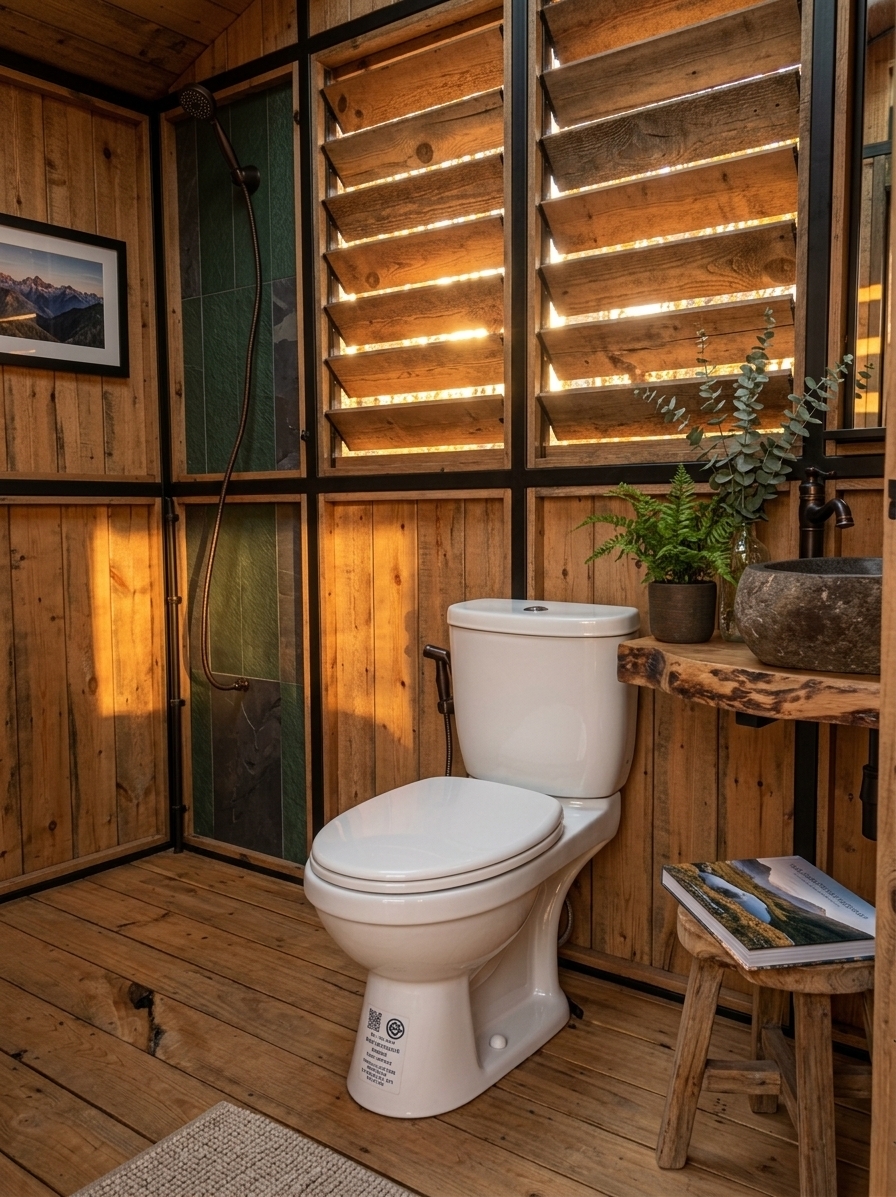 An incredibly lifelike, richly detailed, photorealistic interior shot of a luxurious rustic bathroom set in an alpine mountain escape. The scene is illuminated by the rich, warm golden glow of an autumn sunset streaming through adjustable wooden louvers, creating a deeply cozy, comfortable, and inviting atmosphere. Captured with a full-frame camera and a 35mm wide-angle lens, emphasizing the tactile rough-sawn pine grains, matte black steel framing, and textured slate accents. 

Reimagined with elevated cabin-inspired finishes, the space features a rugged live-edge timber vanity supporting a carved stone vessel sink with oil-rubbed bronze fixtures. Deep forest green tiles accent the wet area, harmonizing with rich brown timber paneling and warm neutral textiles. Framed panoramic mountain range wall art hangs alongside a rustic wooden stool holding an open landscape photography book, while potted indoor ferns and trailing eucalyptus introduce fresh natural vitality to this alpine sanctuary.