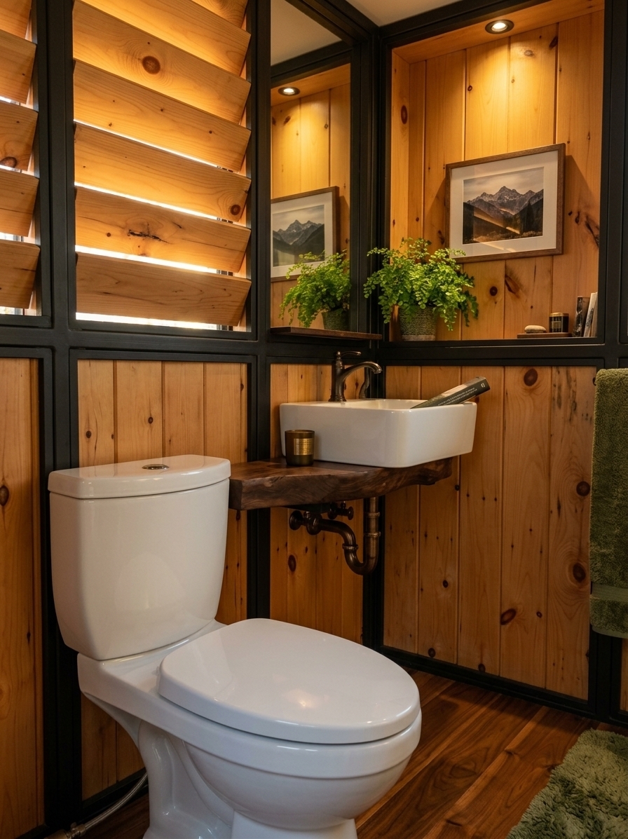 An incredibly lifelike, richly detailed, photorealistic medium shot of a refined cabin-inspired bathroom set in a secluded mountain escape retreat during late autumn. The scene is illuminated by the golden amber glow of a setting autumn sun filtering through custom timber louvers paired with warm, low-voltage recessed sconces, creating an inviting, deeply cozy, and ruggedly elegant atmosphere. Captured with a 35mm f/2.0 prime lens, emphasizing the organic grain of honey-toned pine wall paneling, matte-black iron architectural framing, and the pristine gloss of smooth white porcelain. 

Elevating the rustic setting, the floating vanity is crafted from a thick, sculpted live-edge dark walnut slab supporting a modern white ceramic vessel sink with antique bronze fixtures. A dedicated wooden alcove displays framed alpine mountain range wall art, a curated landscape photography book, and a lush potted maidenhair fern, introducing fresh vitality against a palette of deep forest greens, rich walnut browns, and warm neutrals. Plush, textured moss-green textiles, exposed iron hardware, and rich hardwood flooring complete this harmonious, comfortable sanctuary designed for mountain-view relaxation.