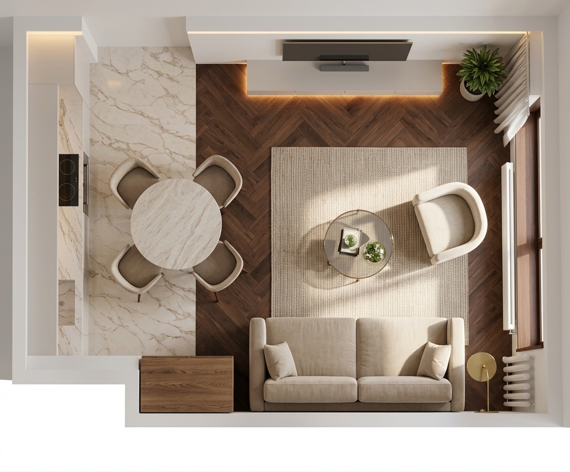 An incredibly lifelike, richly detailed, photorealistic top-down architectural photograph of a luxurious open-concept living room and kitchen set in a contemporary urban residence. The scene is illuminated by radiant midday summer sunlight streaming past soft, drawn-back curtains complemented by warm, recessed LED accent glow, creating a bright, serene, and refined atmosphere. Captured with a professional medium-format camera and an ultra-sharp overhead architectural lens, emphasizing tactile material finishes, seamless transitions, and flawless proportions. 

The interior features rich chocolate-brown hardwood floors laid in an elegant French herringbone pattern, gracefully transitioning into polished light marble tile in the kitchen zone. Smooth, pristine white walls enclose the layout, featuring a large window with a matching chocolate-wood windowsill and parted sheer tulle that neatly displays a sleek, white vertical tubular radiator mounted along the wall. The living area is anchored by a plush, beige upholstered sofa with matching accent pillows set upon a large, neutral-toned woven rug, paired with a sculpted cream armchair, a minimalist brass floor lamp, and a circular glass-topped coffee table displaying curated books and greenery. Opposite the seating, a floating minimalist media console sits beneath a wall-mounted television with soft ambient backlighting, beside a vibrant potted floor plant. Adjacent to the living space, a round light-marble dining table is encircled by four curved, tailored beige chairs, flowing effortlessly into the streamlined kitchen equipped with integrated cabinetry and seamless marble countertops.