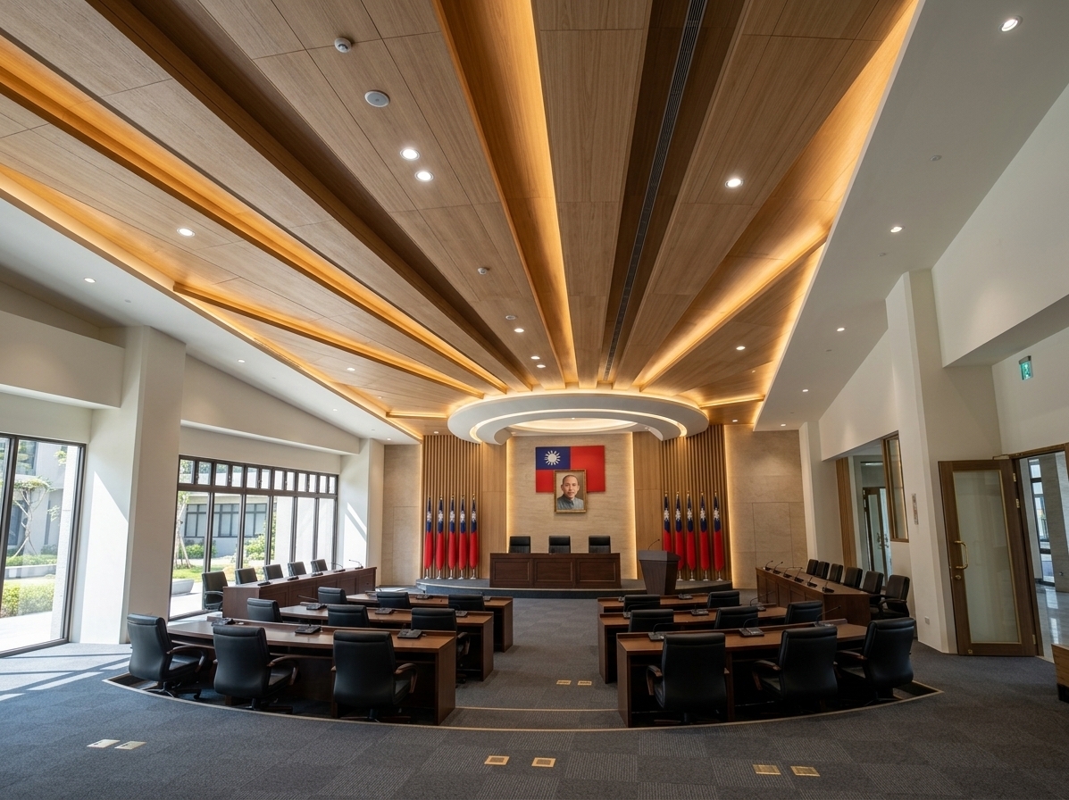 An incredibly lifelike, richly detailed, photorealistic wide-angle interior shot of a newly finished municipal council assembly hall set in a modern civic administration building. The scene is illuminated by bright midday summer sunlight filtering through the side glazed doors seamlessly balanced with warm integrated LED accent lighting within the original sunburst timber ceiling, creating a stately, dignified, and democratic atmosphere. Captured with a high-resolution architectural camera and ultra-wide tilt-shift lens, emphasizing the fine wood grains, brushed brass trims, and plush textile surfaces.

Preserving the distinctive, unaltered radial dual-tone wooden acoustic ceiling that fans gracefully outward from the semicircular headwall, the room is anchored by a commanding front feature wall clad in fluted natural oak panels and warm neutral stone textures, embodying both local civic warmth and authoritative political presence. Mounted centrally at an honorable elevation are the official Republic of China national flag and the portrait of Dr. Sun Yat-sen within a refined timber frame, flanked symmetrically by polished wooden flag stands displaying six pristine draped flags on each side. The expansive floor is lined in premium charcoal-grey sound-dampening modular carpet tiles. Facing the room is an elevated 3-seat Chairman’s dais accompanied by a sleek reporting podium, complemented by an orderly, semi-circular layout of 12 Council Representative desks in the foreground and 16 Officer Attendee desks along the flanks—all crafted from heavy, polished dark walnut conference tables fitted with flush digital microphone consoles and comfortable black leather executive armchairs.