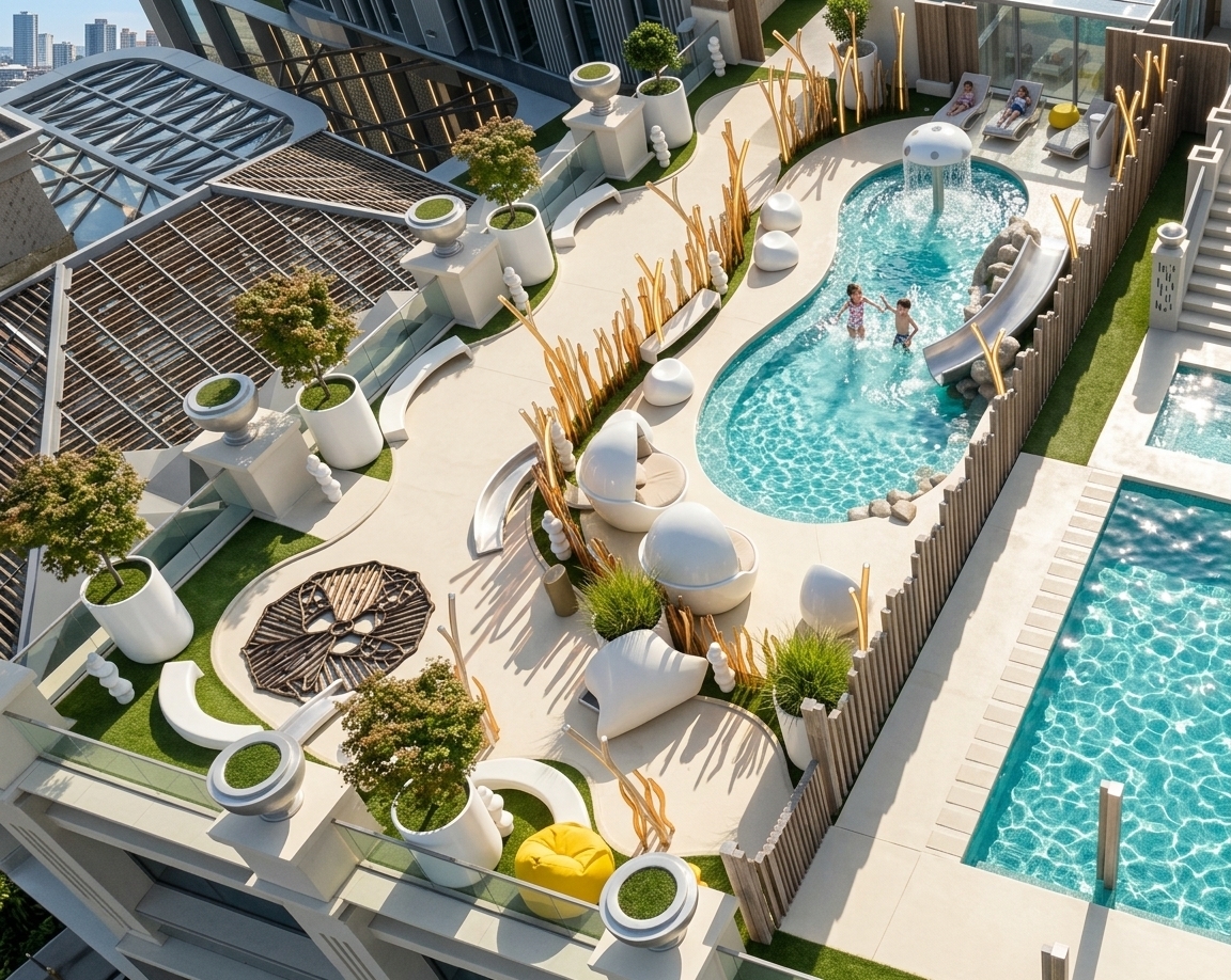 An incredibly lifelike, richly detailed, photorealistic elevated wide-angle landscape shot of a retro-futuristic outdoor kids' pool deck set in a luxury rooftop resort. The scene is illuminated by bright, cheerful mid-morning sunlight that glints across shimmering turquoise water, creating a vibrant, playful, and sun-drenched atmosphere. Captured with a 35mm wide-angle lens at f/8, emphasizing the glossy fiberglass finishes of sculptural egg-pod daybeds, bright yellow beanbag seats, and sleek modern planter pots filled with manicured trees and lush ornamental shrubs. Joyful children splash beneath a playful water-spouting mushroom fountain and slide into the gently curved pool, while families relax along the organic paved walkways on futuristic loungers, surrounded by glowing reed-inspired art installations and elegant architectural fencing.