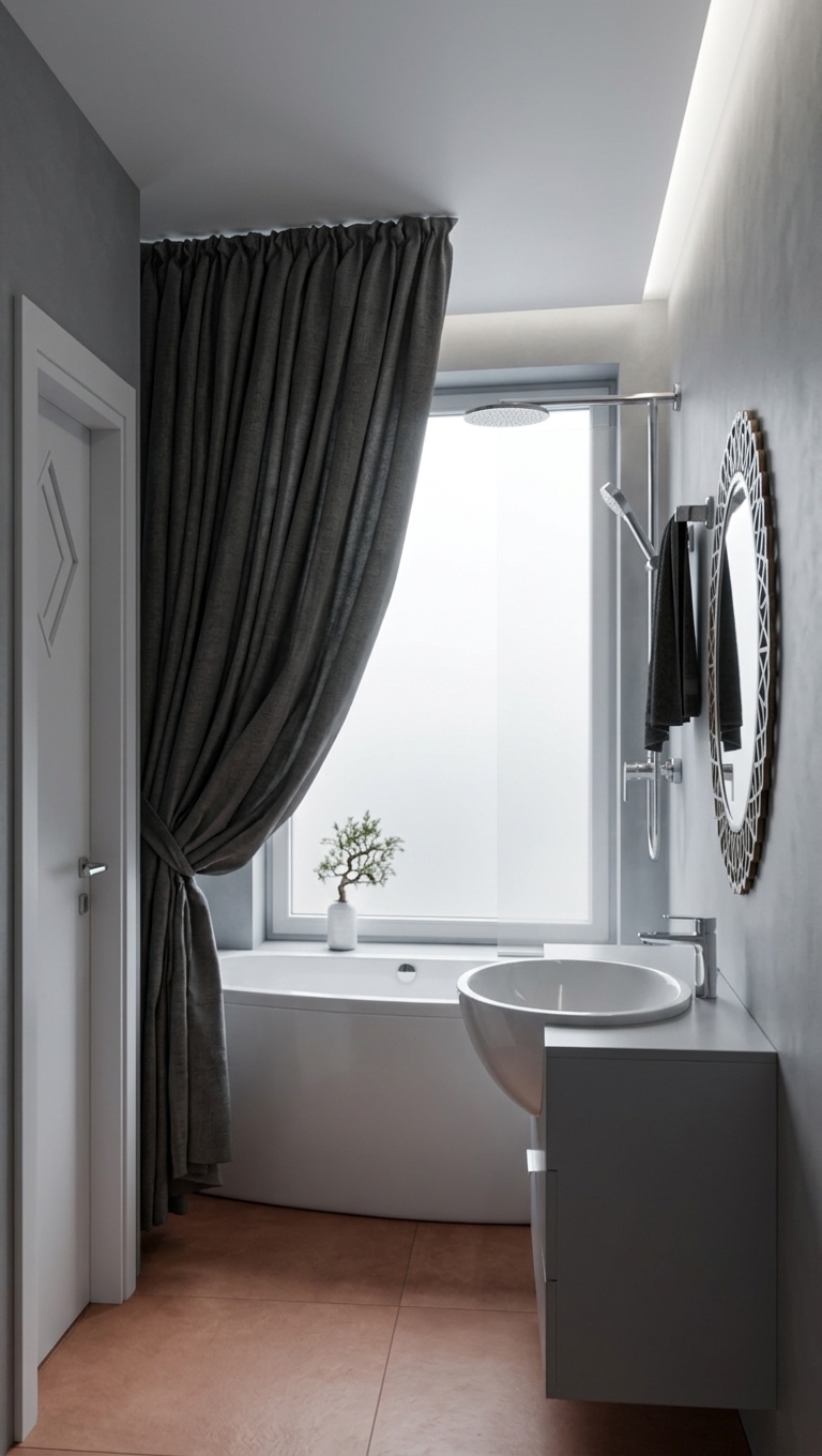 An incredibly lifelike, richly detailed, photorealistic wide-angle interior photograph of a minimalist, digital zen bathroom set in a tranquil, futuristic urban residence. The scene is illuminated by soft, ambient overcast light from a frosted window subtly blended with crisp, concealed LED backlighting, creating a serene, modern atmosphere. Captured with a professional full-frame camera and a 24mm tilt-shift lens, emphasizing the smooth textures of cool gray matte walls, gleaming chrome fixtures, and the rich drape of the heavy charcoal-toned curtain. On the right, a streamlined floating vanity with a polished white vessel sink sits beneath a stylish circular mirror with intricate geometric trim, framed by a sleek high-tech rain shower system and hanging dark hand towel. The terracotta-toned floor guides the gaze toward the deep freestanding bathtub nestled at the back, where a delicate bonsai-like plant in a minimalist white vase rests on the ledge, perfectly synthesizing cyberpunk innovation with peaceful, uncluttered zen aesthetics.