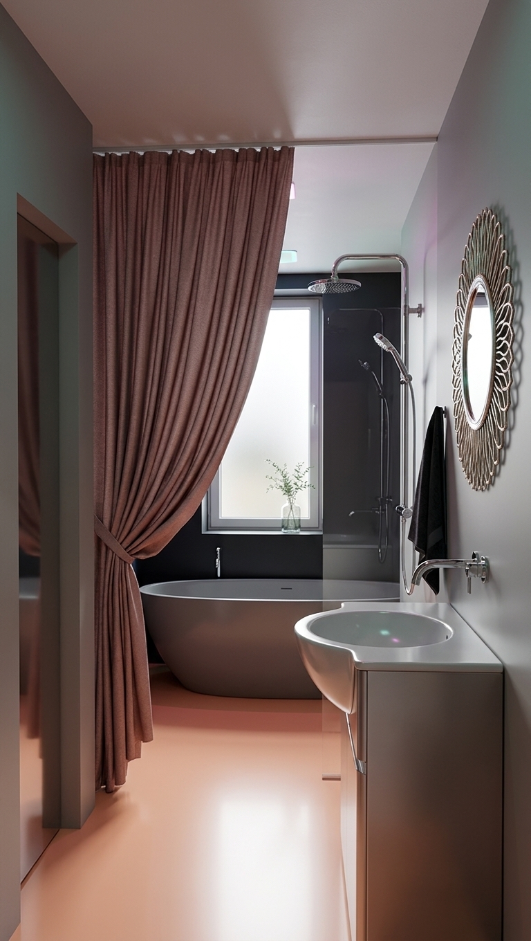 An incredibly lifelike, richly detailed, photorealistic interior shot of a sleek retro-futuristic bathroom set in a stylized space-age urban apartment. The scene is illuminated by soft daylight diffusing through a frosted window combined with subtle, ambient pastel neon accents and polished metallic reflections, creating a calm yet bold and nostalgic sci-fi atmosphere. Captured with a wide-angle 24mm prime lens on a full-frame camera, emphasizing the smooth textures of high-gloss cabinetry, the gleam of chrome fixtures, and the heavy drape of the textiles.

To the right foreground, a streamlined vanity unit crafted with satin-finish surfaces holds an elegant, smoothly contoured semi-recessed ceramic sink basin, gleaming subtly under the room’s ambient light. Mounted above it on the smooth grey wall is an eye-catching decorative circular mirror framed in an intricate, metallic sunburst pattern, flanked by high-polish chrome rain-shower hardware and a handheld nozzle, with a plush dark hand towel draped neatly beside it.

Occupying the deep background is a smooth, curved freestanding bathtub framed by a large window. Resting serenely on the window ledge is a petite glass vase containing delicate indoor greenery, adding an organic touch to the geometric, streamlined environment. Flowing dramatically along the left side is a rich, pleated curtain with fine fabric grain, neatly gathered and tied back to reveal the sleek bathing area. The polished peach-tinted floor provides a warm pastel contrast against the cool metallic and muted wall tones, with subtle reflections dancing across its immaculate, continuous surface, completing this sophisticated fusion of mid-century elegance and futuristic design.