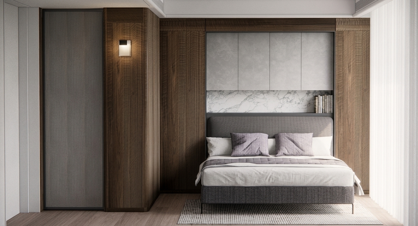 High-end architectural photograph of the bedroom scene, lit by soft natural daylight entering through the right sheer curtain. The exact geometry, layout, and composition remain intact while elevating surface realism: tactile walnut wood grain with subtle specular highlights, delicate veining on the polished marble strip, smooth matte cabinetry, and organic fabric creases across the upholstered bed and linen duvet. Captured with a professional full-frame camera and 50mm architectural lens, displaying gentle shadow falloff, accurate global illumination, subtle ambient reflections, and mild film grain for an authentic interior magazine look.