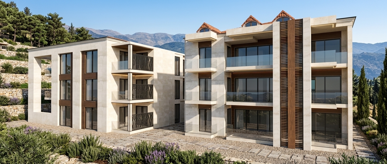 Render the 3D SketchUp model into a photorealistic luxury modern residential villa exterior, strictly preserving the exact architecture, geometry, openings, and camera perspective without alterations. 

Apply high-end PBR materials matching existing placements: off-white/ivory Lebanese limestone on main facades, warm brown horizontal wood slats around windows, dark charcoal aluminum frames with realistic reflective glazing, and refined dark metal with clear glass balcony railings. Retain the exact roof geometry with authentic terracotta red clay tiles on the dormers.

Set the building naturally within a Mount Lebanon landscape featuring sloping terrain, Lebanese stone pines, cypress trees, and distant mountain ridges under a clear daylight sky. Use realistic directional daylight with soft shadows, accurate global illumination, and subtle warm indirect LED accent lighting beneath balcony slabs and recesses. Maintain professional architectural photography quality with crisp details and physically accurate textures.