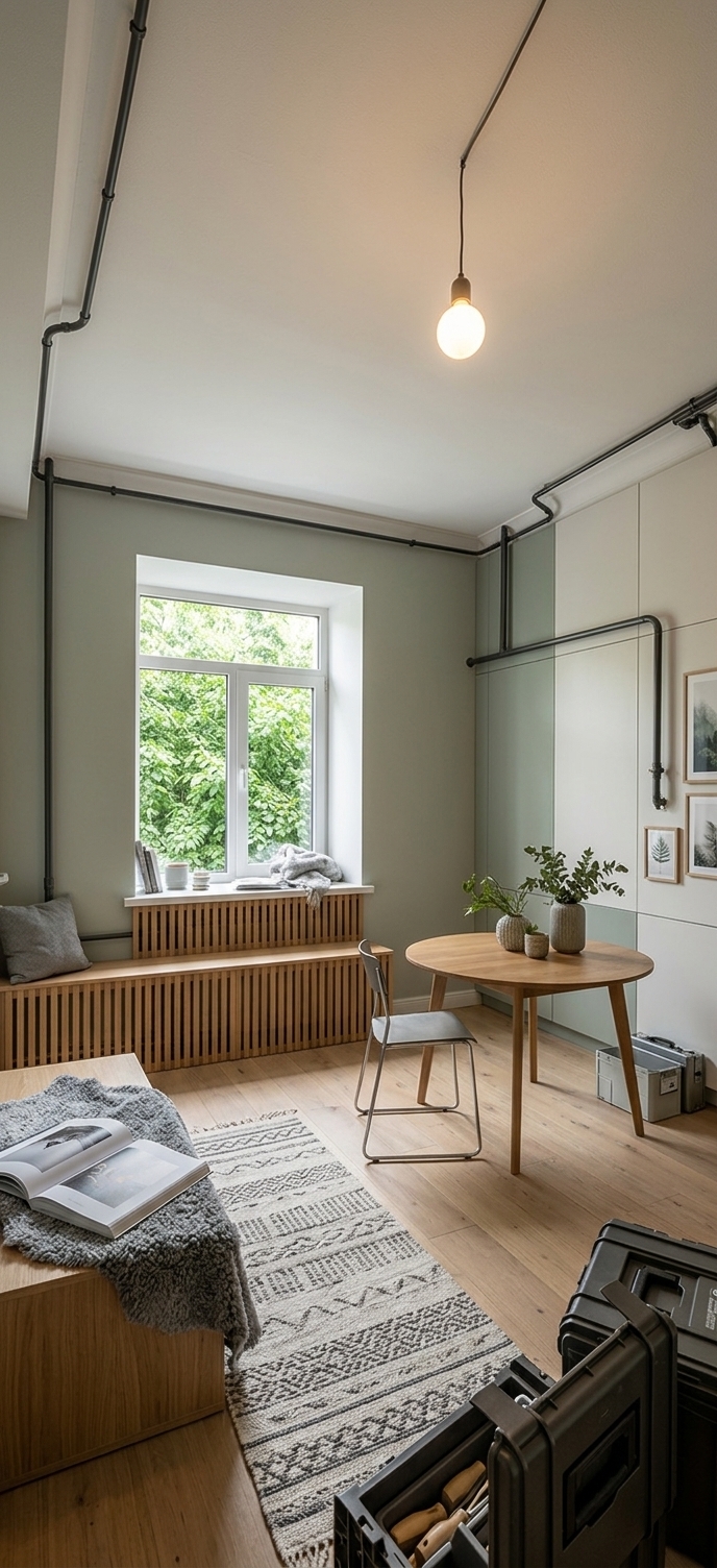 An incredibly lifelike, richly detailed, photorealistic wide-angle interior shot of a fully renovated Scandinavian sanctuary kitchen set in a serene urban apartment. The scene is illuminated by soft morning daylight streaming through a large, cleanly finished window framing lush outdoor green foliage, complemented by the warm, gentle glow of a minimalist suspended pendant lamp, creating a tranquil, airy, and hygge-inspired atmosphere. Captured with a professional full-frame camera and a 24mm wide-angle lens, emphasizing the organic textures of light oak cabinetry, smooth matte countertops, brushed black metal accents, and tactile plush textiles. The transformed space now features seamless custom cabinetry in soft muted sage green and crisp off-white tones along the right wall, concealing all utility piping behind sleek, handleless panels. Beneath the window, a bespoke slatted oak radiator cover seamlessly doubles as a sunlit bench dressed with a plush gray wool throw and an open hardcover photography book. A compact Scandinavian dining setup with a round solid wood table and slender metal-framed chairs anchors the foreground, balanced by subtle indoor greenery in textured ceramic vessels and framed nature-inspired minimalist wall art that infuses the calm, balanced layout with refreshing organic harmony.