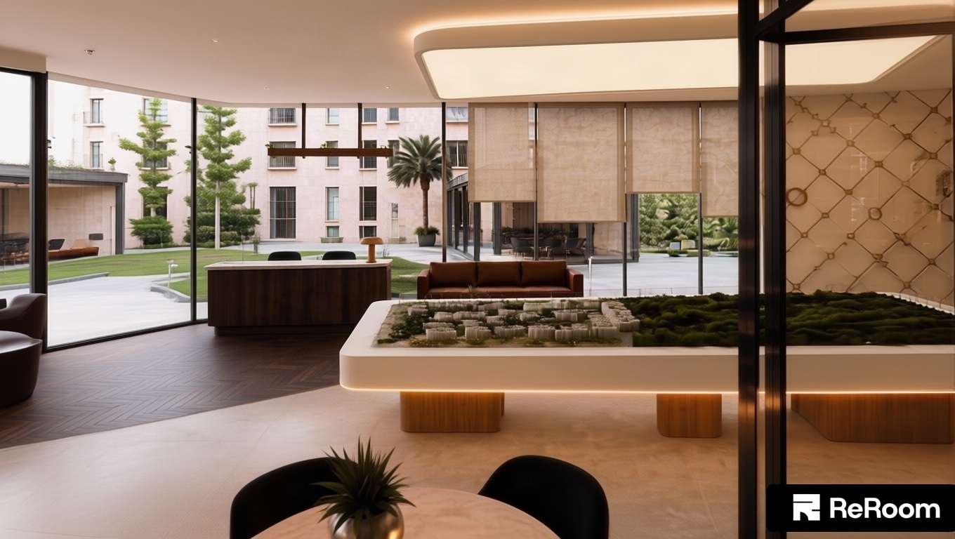 A sharp, photorealistic architectural photograph of the interior sales gallery, preserving the exact composition, geometry, and placement of all elements. Soft daytime ambient light filters through the semi-sheer blinds, naturally balancing with the warm overhead lighting panel and the gentle under-glow beneath the architectural model table. Surface textures feature lifelike micro-details: natural grain and gentle creases on the leather sofa, authentic timber textures on the dark herringbone flooring, subtle specular reflections on the polished stone floor, and intricate scale details across the miniature city model. The image exhibits realistic dynamic range, fine optical clarity, soft shadow transitions, and subtle lens vignetting typical of professional interior photography.