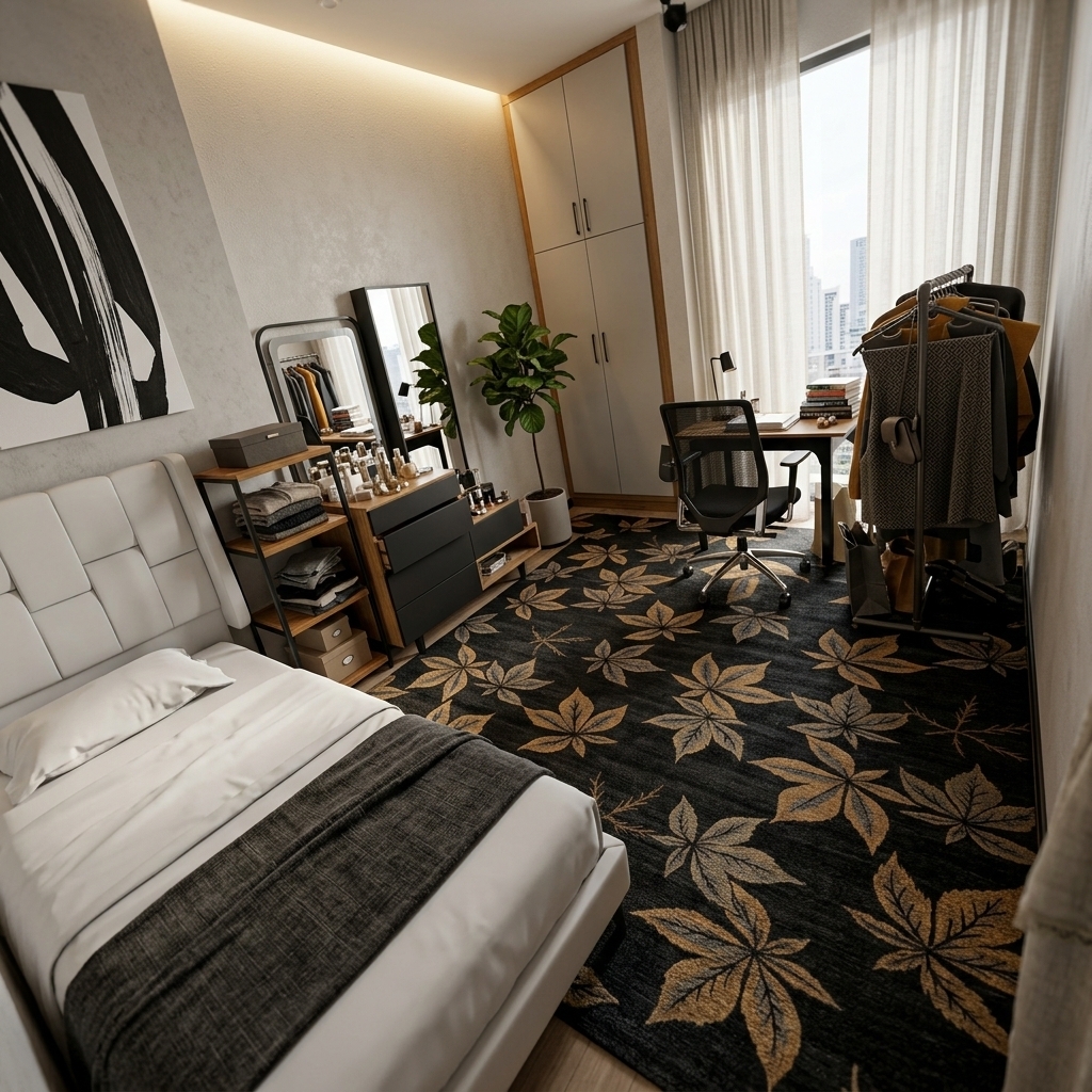 An incredibly lifelike, richly detailed, photorealistic wide-angle interior shot of a redesigned modern fusion bedroom set in a chic urban residence. The scene is illuminated by soft morning daylight filtering through floor-to-ceiling sheer linen drapes combined with warm, integrated LED cove lighting, creating a calm, sophisticated, and dynamic atmosphere. Captured with a 24mm f/4 architectural tilt-shift lens, emphasizing smooth matte finishes, polished surfaces, rich oak wood grains, and luxurious geometric textiles. The space is reimagined with a striking palette of matte black, crisp white, warm charcoal, and vibrant ochre accents. In place of the clutter, a sleek low-profile platform bed with an integrated slatted headboard takes center stage, dressed in crisp white linens and a textured charcoal throw. Opposite, seamless floor-to-ceiling modular wardrobe cabinets with hidden pulls and warm timber accents maximize spatial flow. A minimalist floating workspace corner features a slim black steel desk styled with an open art photography book, an industrial-inspired task lamp, and an ergonomic mesh chair. A bold, large-scale black-and-white abstract canvas adorns the accent wall, while a tall, potted fiddle-leaf fig adds vibrant lush greenery against a light micro-cement floor covered with a subtle geometric low-pile area rug.