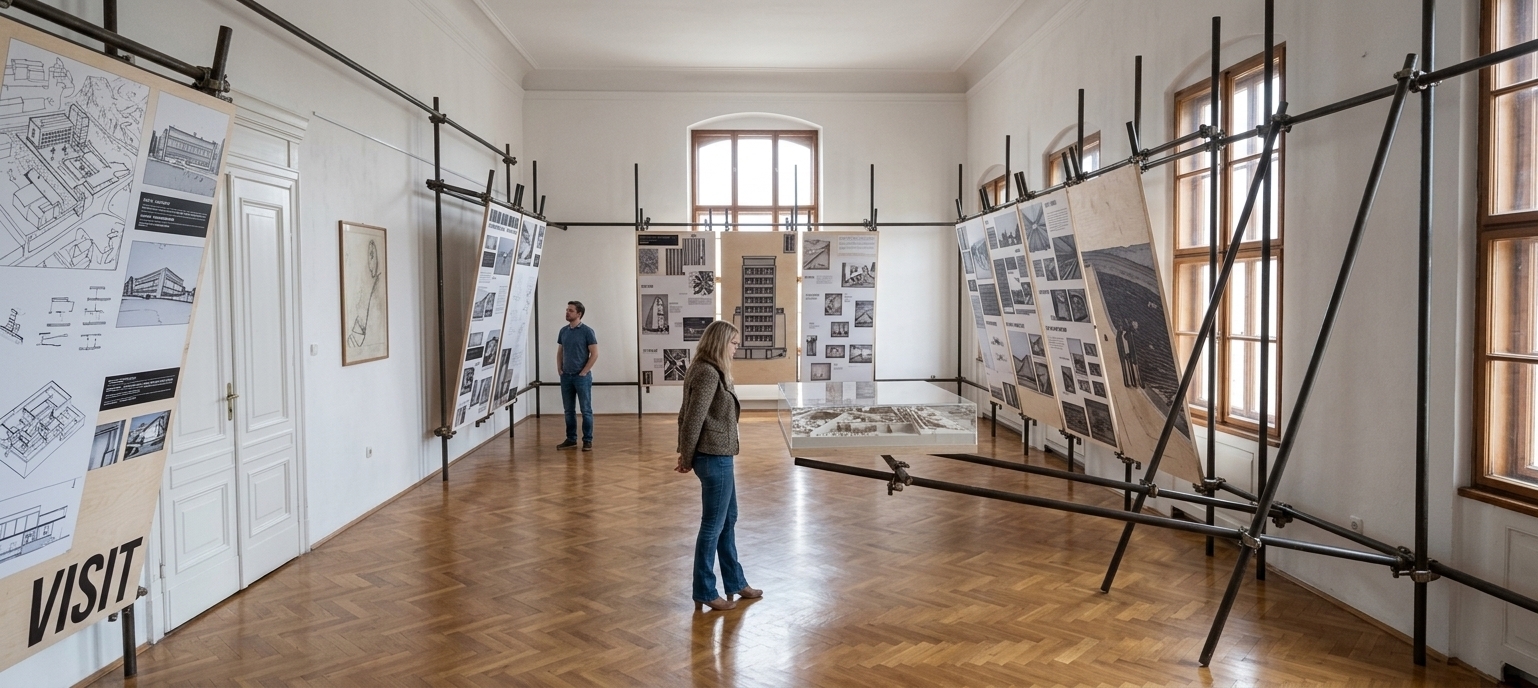 An incredibly lifelike, richly detailed, photorealistic wide-angle interior photograph of a modern architectural exhibition space set in a bright, high-ceilinged gallery room. The scene is illuminated by soft, diffused daylight pouring through tall, elegant wooden-frame arched windows, creating a serene, sophisticated, and contemplative minimalist haven. Captured with a wide-angle lens, emphasizing the rich textures of the pale birch plywood exhibition boards, the dark matte metal of the scaffolding frames, and the warm reflections on the polished wooden parquet floor. Large graphical display panels filled with vintage architectural photographs, diagrams, and bold typography are suspended securely along industrial scaffolding pipes lining the crisp white walls. In the center, museum visitors admire a detailed 3D architectural scale model enclosed under a clear glass vitrine, perfectly balancing historical room proportions with a clean, contemporary design aesthetic.