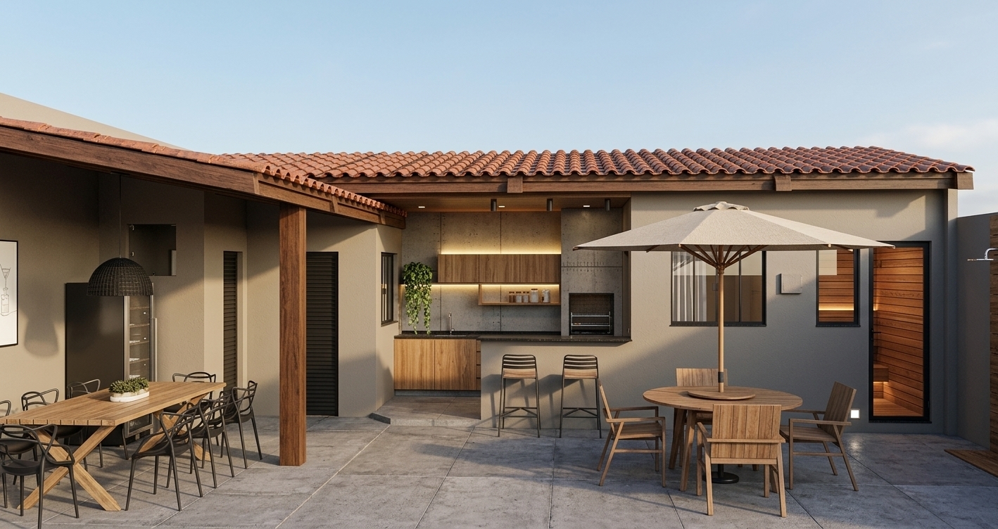 An architectural photograph of a modern outdoor veranda, gourmet kitchen, and sauna area under bright, natural daylight. The structure features authentic weathered terracotta roof tiles, finely textured beige stucco walls, and smooth concrete patio pavers. The central gourmet kitchen is rendered with rich natural wood cabinetry, dark polished countertops, and warm under-cabinet LED strip lighting, while the sauna entrance to the right displays realistic glass reflections revealing interior cedar slatted walls. Weathered timber finishes on the patio furniture and woven umbrella fabric enhance the tactile quality. Captured with a professional wide-angle lens, balanced natural exposure, soft ambient shadows, and rich surface micro-textures throughout.