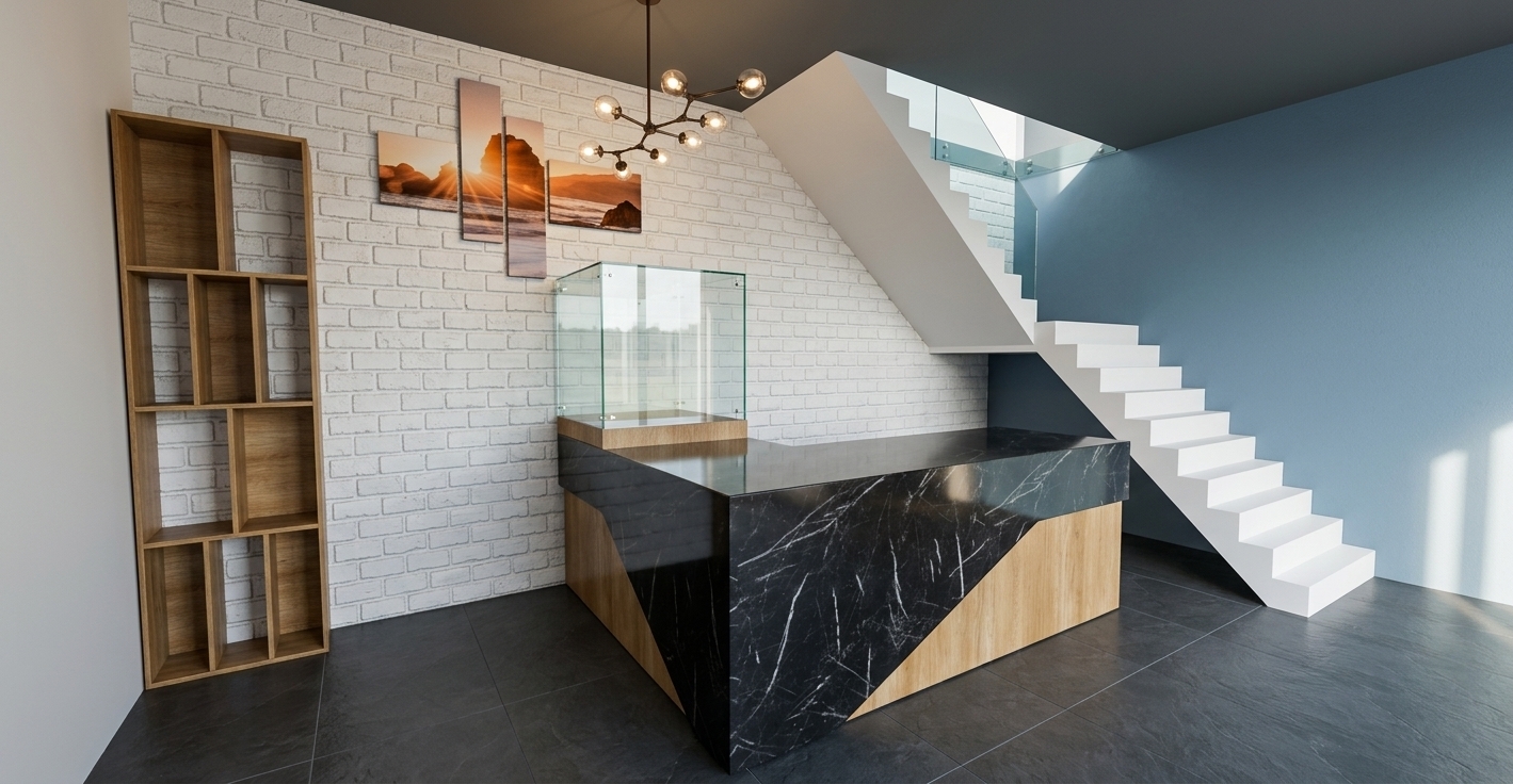 Architectural interior photograph of the exact modern reception area shown, captured with a professional wide-angle tilt-shift lens maintaining perfectly straight vertical lines and exact perspective. The scene is illuminated by soft, balanced ambient interior lighting combined with a gentle warm glow from the multi-bulb chandelier overhead, casting natural contact shadows and soft global illumination across the space. The rear accent wall exhibits a tactile white painted brick texture with realistic grout depth and subtle surface irregularities. The L-shaped reception counter is rendered with physically accurate materials, showcasing deep black marble with crisp, organic white veining and a realistic soft-satin reflection, paired with warm light-oak wood panels displaying natural wood grain. The display cube on the counter is made of authentic transparent glass with accurate light refraction, subtle edge reflections, and fine wooden framing. The multi-panel sunset artwork on the brick wall reveals realistic canvas texture, while the open white staircase, the tall geometric wooden shelf on the left, and the matte slate-gray floor tiles display precise material depth, fine micro-textures, clean seams, and accurate ambient occlusion, creating an authentic, beautifully exposed interior photograph.