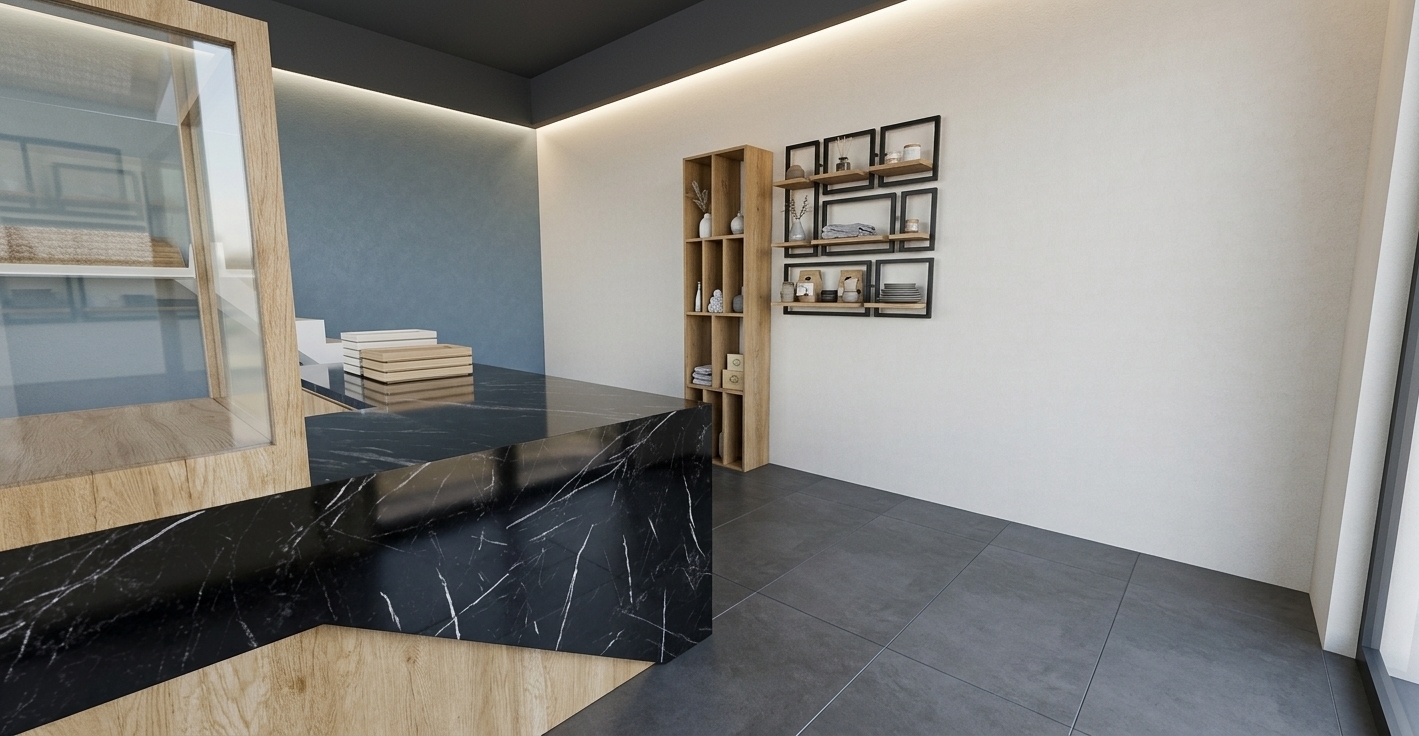 An ultra-photorealistic architectural interior photograph capturing the exact scene with professional medium-format camera precision using a wide-angle tilt-shift lens for razor-sharp, undistorted vertical lines and high-end depth of field. The lighting is soft and natural, providing balanced commercial interior illumination with realistic global light bounce across the flat off-white plaster wall and muted slate blue accent wall, producing gentle, physically accurate contact shadows beneath the counter base and around the shelving. The L-shaped counter features rich polished black Nero Marquina marble with delicate, authentic white veining and realistic surface specular reflections, contrasted by the warm, fine-grained natural oak veneer along its base and the framing of the pristine display case with clear, subtly reflective architectural glass. Mounted against the wall, the tall open oak bookcase and the geometric black powder-coated steel frame shelves exhibit precise material textures, from tactile wood pores to matte metal finishes. The floor is composed of large-format dark charcoal matte porcelain tiles with subtle micro-surface texture and realistic thin grout seams, captured with clean exposure, authentic ambient occlusion, pristine color fidelity, and a crisp, high-dynamic-range commercial photography finish.