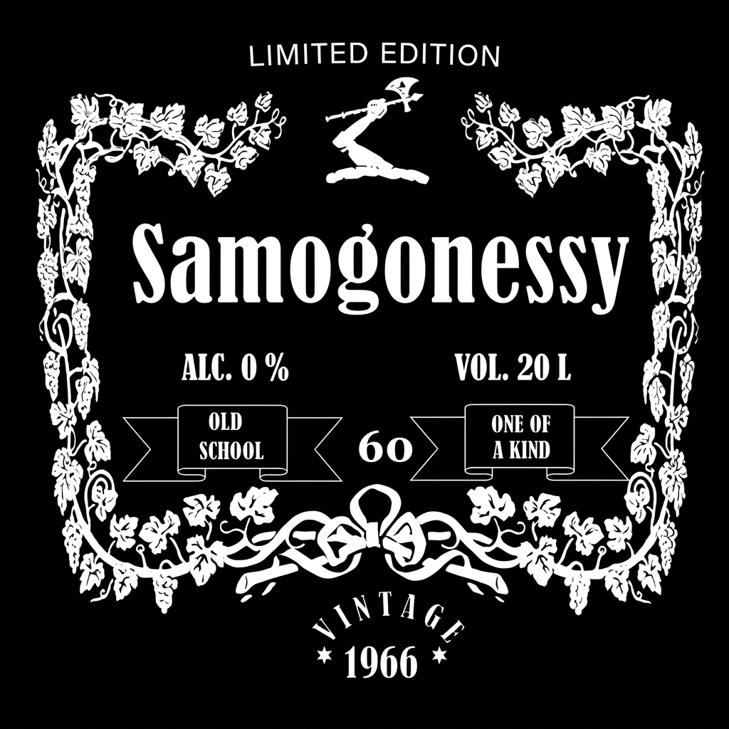 Enhance the vintage label graphic on a solid black background, making all details sharp and clean. Replace all golden elements—including the ornate grapevine border, top emblem, ribbon banners, and all text ("LIMITED EDITION", "Samogonessy", "ALC. 0 %", "VOL. 20 L", "OLD SCHOOL", "60", "ONE OF A KIND", "VINTAGE 1966")—with crisp, solid white, precisely preserving the layout and fonts.