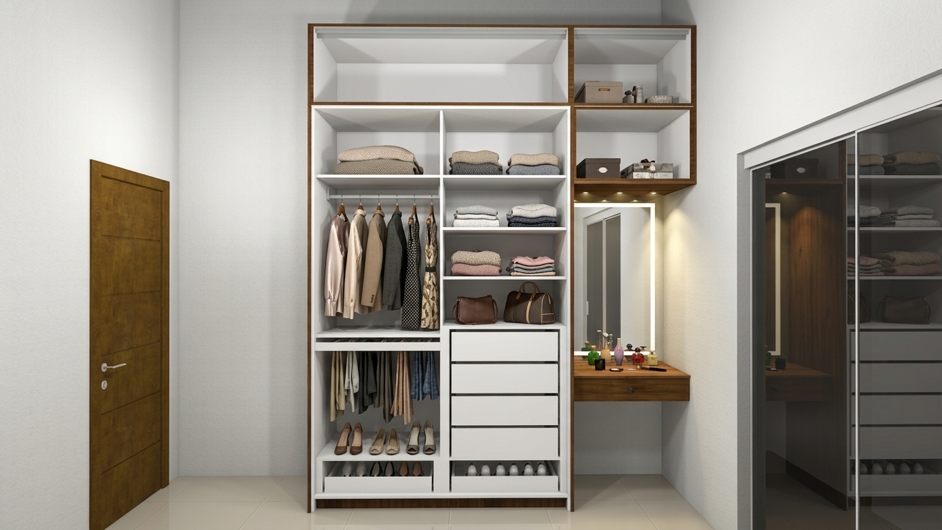 A straight-on, eye-level architectural photograph of the modern open-concept wardrobe filled neatly with women's clothing, preserving the exact layout, geometry, and materials from the image. Elegant women's dresses and blouses hang naturally from the clothes rails, showing authentic fabric drapes and textures like silk, cotton, and linen, while folded sweaters and knitwear rest on the open white shelves. Soft, warm 3000K recessed LED spotlights illuminate the dressing vanity and shelving compartments, creating gentle shadow gradients and realistic reflections across the matte white cabinetry, natural wood veneer trims, and glossy floor tiles. Captured with a 35mm lens, sharp focus throughout, balanced ambient indoor lighting, natural material micro-textures, and faint lens vignetting for an authentic lifestyle photograph.