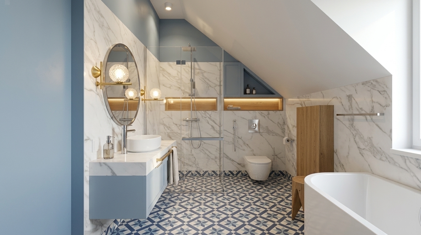 Photorealistic interior render of the modern bathroom in the image, preserving the exact layout, angled ceiling, and color palette. The scene features white Statuario marble satin walls, blue and white patterned tile flooring, and a light blue vanity with a vessel sink. Replace the line art with realistic materials: a large circular mirror with modern sconces, a glass shower enclosure with chrome fixtures, a modern wall-hung toilet, wooden storage cabinets, and a freestanding white bathtub. Illuminate with warm 3000K LED lighting and natural ambient light from the unseen wall, casting soft shadows and realistic reflections on glass and polished chrome surfaces.