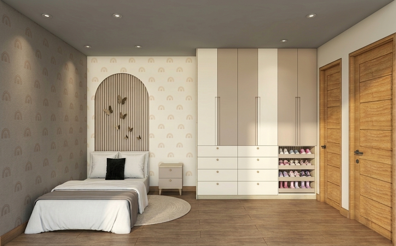 A realistic eye-level interior photograph of the bedroom, preserving the exact layout, geometry, and materials, with small girl's shoes neatly arranged on the open pull-out shelves of the wardrobe. The scene is illuminated by warm recessed ceiling spotlights and soft ambient daylight, highlighting realistic wood grain textures on the flooring and doors, smooth matte laminate finishes on the cabinetry, and fine weave on the bed linens and circular rug. Subtle photographic qualities include soft contact shadows, authentic material sheen, faint lens vignetting, and natural micro-imperfections on surfaces, captured cleanly with a crisp, balanced architectural depth of field.