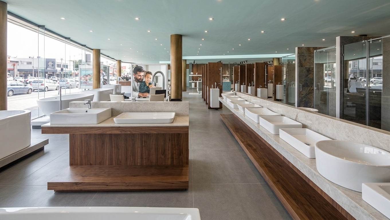 A photorealistic eye-level interior photograph of the modern sanitary ware showroom captured on a 50mm lens, strictly preserving the original geometry, composition, and perspective. Bright natural daylight streams through the expansive left glass facade, harmonizing with warm recessed ceiling spotlights to cast soft, directional shadows across the space. The porcelain sinks and bathtubs showcase smooth, glossy ceramic surfaces with authentic specular highlights and gentle reflections. Semi-matte beige-gray stone floor tiles subtly diffuse the incoming light, contrasting with the smooth matte bronze finish on the round structural columns and clean white display islands. Clear architectural glass, polished chrome fixtures, faint window reflections, and realistic material micro-textures give the scene an airy, professional photographic quality.