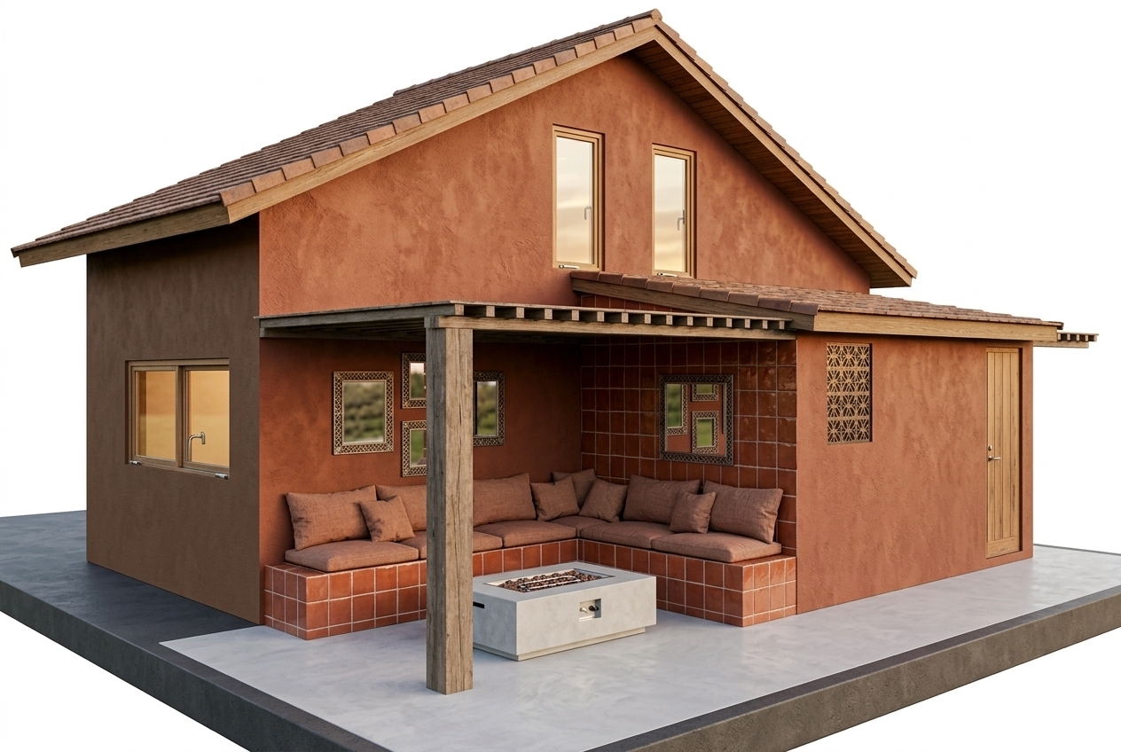 Render this 3D architectural model into a photorealistic exterior view. Turn the four square wall panels under the pergola into decorative frames with mirrors. Convert the built-in L-shaped bench into a masonry bench finished with decorative ceramic tiles and comfortable cushions. Render the central coffee table area as a light gray microcement fire pit table. Apply matching light gray microcement flooring across the patio. Give the house realistic terracotta-painted stucco walls, a brown tiled roof, wooden pillars, realistic glass windows, and warm, natural outdoor lighting.