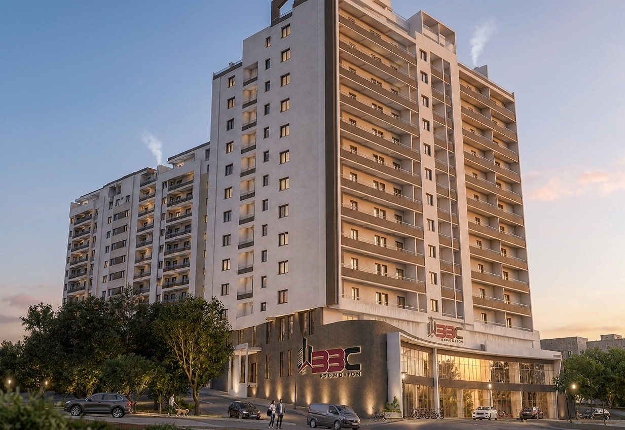 A high-end architectural photograph capturing the residential building during late afternoon golden hour, preserving the exact geometry, perspective, and composition of the input image. Soft, warm sunlight grazes the ivory and neutral-toned facades from a low angle, casting realistic, soft shadows against a clear evening sky, while subtle interior lighting glows warmly through select windows. The street-level and surrounding landscaped areas feature lush mature greenery, manicured plantings, and subtle signs of family life with casual pedestrians and bicycles integrated naturally. Captured with a tilt-shift architectural lens, the scene exhibits tactile concrete textures, physically accurate glass reflections, natural dynamic range, and faint optical grain for an authentic, welcoming photograph.