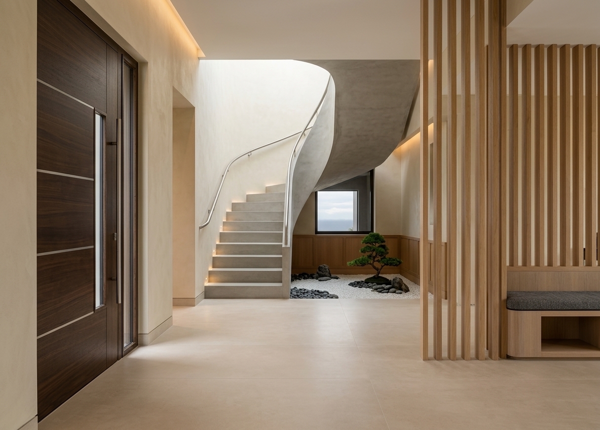 An incredibly lifelike, richly detailed, photorealistic wide-angle interior architectural shot of a serene entrance foyer and stair hall set in a luxurious contemporary residence. The scene is illuminated by soft, natural daylight filtering down from a high light well above the staircase, complemented by gentle daylight through the rear window and warm, concealed LED cove lighting, creating a calm, tranquil zen-like atmosphere. Captured with a full-frame camera paired with a 24mm architectural tilt-shift lens, emphasizing the tactile textures of matte beige flooring, smooth cast concrete, rich warm timber, and refined plaster finishes.

In the foreground to the left, a substantial pivot entry door crafted from deep espresso-stained walnut features horizontal brushed-metal inlay channels and an integrated vertical glass pane that softly catches ambient light reflections. The surrounding walls are coated in a warm, light-toned lime plaster with an ultra-fine, organic texture that gives the entryway a grounded, natural feel.

To the right, an elegant architectural divider screen constructed from tall, vertical light oak slats delineates the foyer from the adjacent living spaces. Integrated into the screen are floating, open display niches in satin off-white and bronze, seamlessly terminating into a low-profile built-in entryway bench finished with light oak veneer and topped with a tailored charcoal-gray woven cushion.

Flowing beneath is a seamless floor of large-format matte beige porcelain tiles, with delicate tonal variations and razor-thin grout lines that subtly ground the space and emphasize the clean geometric lines of the interior.

At the focal center of the composition, a sweeping, sculptural spiral staircase rises gracefully to the upper level. The staircase is rendered in smooth, light-gray architectural concrete with perfectly aligned, monolithic treads and an organically curved, brushed-steel handrail. Behind the curve of the stair, the vertical wall features elegant light-wood fluted paneling that extends upward into the luminous double-height void. Nestled directly beneath the staircase is a serene indoor zen garden courtyard, detailed with raked white gravel, smooth dark basalt river stones, and a minimalist bonsai tree that brings an organic, meditative presence into the heart of the home. 

In the background, crisp timber-trimmed lower wall paneling in a rich caramel hue wraps around the perimeter, harmonizing with a clean-framed picture window that offers a soft view of the sky, balancing structural elegance with serene minimalism.