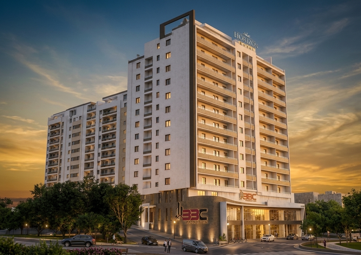A high-end architectural photograph of the residential complex captured during late-afternoon golden hour with a tilt-shift lens, preserving the exact geometry, structural layout, and perspective of the original image. Soft, warm lateral sunlight casts natural shadows across the textured ivory and warm beige facades, while cozy interior lights glow through several apartment windows. The surrounding street and landscaped gardens feature lush foliage, crisp asphalt textures, and naturally integrated pedestrians and families enjoying the peaceful neighborhood. The image exhibits authentic photographic qualities, including crisp material micro-textures, accurate glass reflections, delicate highlight roll-off, and subtle organic film grain.