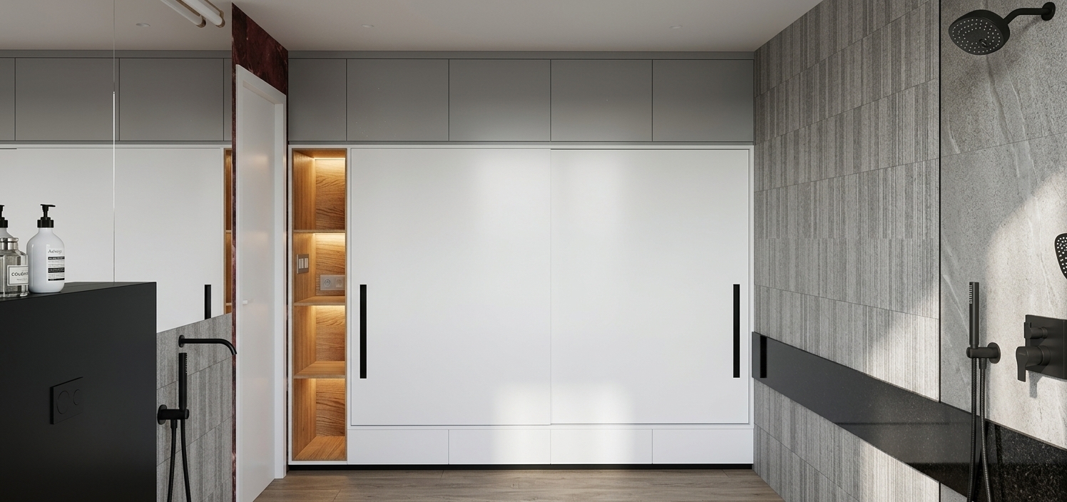 A realistic architectural photograph of the modern interior scene, maintaining the exact geometry, layout, and colors. The large white sliding wardrobe features clean matte white panels and sleek black recessed handles, flanked by warm natural oak shelving with visible wood grain and integrated light switches. Surrounding surfaces display authentic textures, including vertical grey ribbed wall tiles, matte black fixtures with subtle sheen, dark polished stone accents, and smooth grey upper cabinetry. The scene is illuminated by soft, natural warm-neutral interior lighting that casts gentle ambient occlusion and realistic diffuse reflections across all materials, captured with a sharp wide-angle architectural lens with mild depth of field.