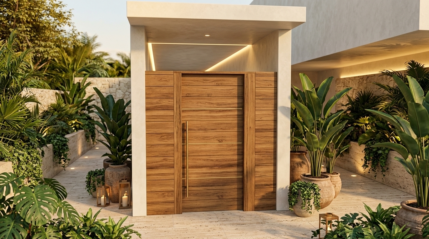 An incredibly lifelike, richly detailed, photorealistic eye-level exterior shot of a luxurious boutique hotel entrance portal set in a lush bohemian oasis patio. The scene is illuminated by the warm, golden glow of late-afternoon sunlight blended with concealed warm LED strip lighting and subtle landscape spotlights, creating an inviting, serene, and sophisticated resort atmosphere. Captured with a full-frame 35mm architectural lens, emphasizing the rich organic grain of the horizontal teak wood door panels, a sleek brushed-brass vertical handle, and the refined texture of the smooth off-white microcement canopy frame. Flanking the entrance, an abundance of tropical greenery—featuring monstera leaves, cascading ivy, and potted bird-of-paradise plants in artisanal clay planters—breathes vibrant life into the natural travertine-tiled patio, while soft architectural downlights seamlessly integrate with the upper open structure to create a captivating, high-end hospitality retreat.