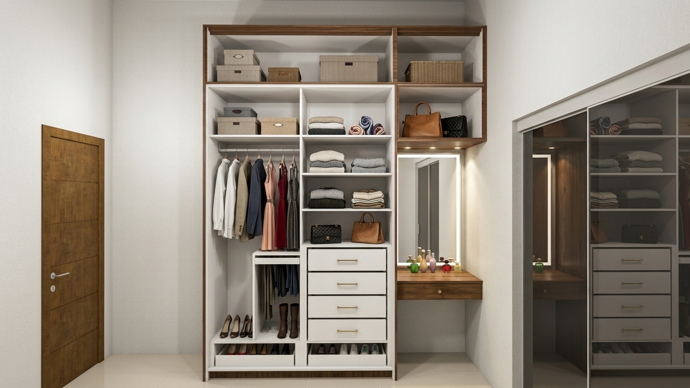 A crisp interior photograph of the custom walk-in closet, maintaining the exact layout, geometry, and composition, now filled with neatly arranged women's clothing. Elegant dresses and blouses hang from the rail, soft knitwear and folded apparel sit on the open shelves, and high heels rest along the bottom organizer racks. Natural daylight combines with the warm vanity downlights and soft LED cabinet backlighting, casting realistic, gentle contact shadows. Surfaces display authentic micro-textures, from natural wood grain on the frames to soft textile weaves, polished drawer finishes, realistic glass reflections in the vanity mirror, and mild photographic grain with subtle depth of field.