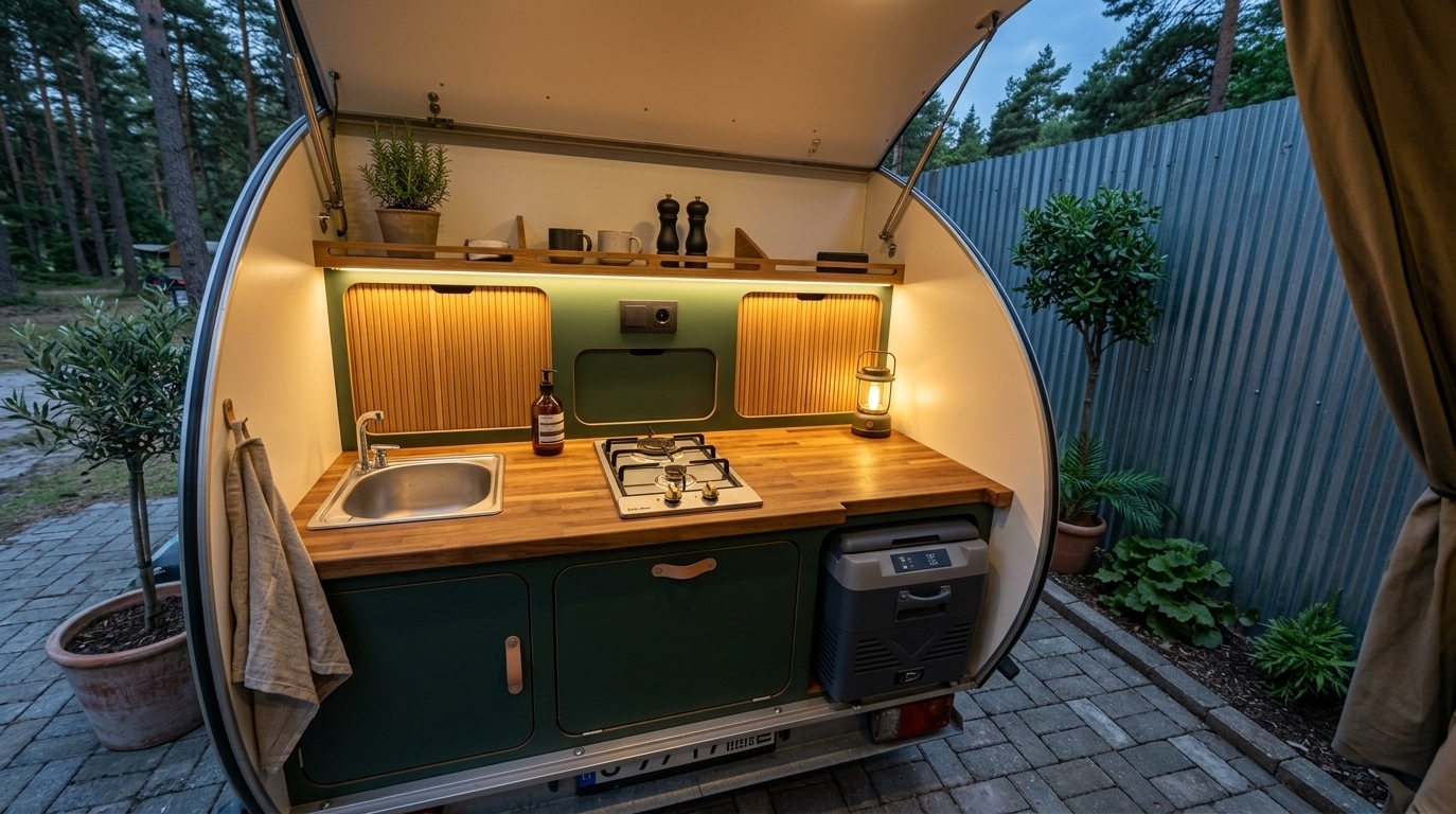 An incredibly lifelike, richly detailed, photorealistic eye-level shot of a reimagined teardrop camper galley kitchen set in a serene outdoor campsite under an evening twilight sky. The scene is illuminated by warm, concealed under-shelf LED strip lighting and the soft golden glow of a portable camping lantern, creating an inviting, cozy, and sophisticated atmosphere. Captured with a 35mm prime lens at f/2.8, emphasizing the natural textures of oiled solid butcher block wood, satin matte cabinet finishes, and brushed stainless steel.

In this modern fusion redesign, the original layout is preserved with elevated finishes: the pristine stainless steel drop-in sink and two-burner gas cooktop rest within a rich honey-toned hardwood countertop. The dated cream cabinetry is upgraded to deep forest-green marine-grade panels accented with natural leather pull handles and fine slatted wood details on the upper compartment. The shelving above is styled with aesthetic campsite decor, including a small potted rosemary herb, ceramic coffee mugs, matte black spice grinders, and an amber glass dish soap dispenser. Below, the recessed compartment neatly houses a sleek slate-gray portable compressor cooler. A soft, textured linen tea towel hangs neatly beside the sink, while the smooth curves of the opened hatch frame the ambient pine forest outside, balancing rugged functionality with warm, upscale Scandinavian-inspired comfort.