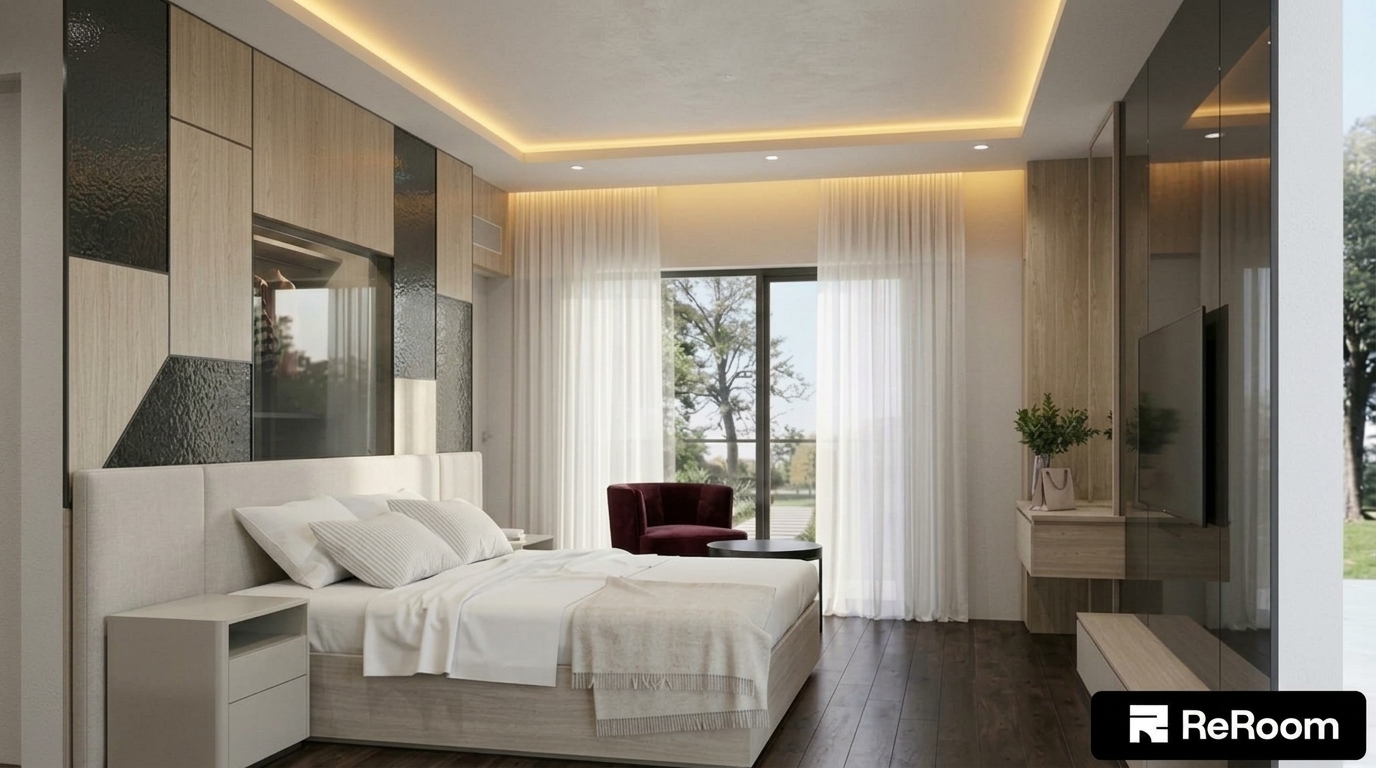 Modernize this bedroom by redesigning the wall behind the bed with an asymmetrical, balanced combination of light wood paneling and dark textured glass cladding behind a modern headboard. Keep all other furniture, lighting, and elements in the room unchanged.