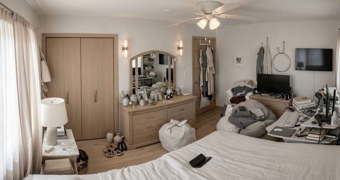 An incredibly lifelike, richly detailed, photorealistic wide-angle interior shot of a sophisticated contemporary bedroom set in a luxury modern residence. The scene is illuminated by gentle, diffused natural daylight filtering through sheer pearl-toned drapery, accented by the soft, warm glow of a minimalist sculptural pendant and sleek architectural wall sconces, creating an airy, peaceful, and elevated atmosphere. Captured with a 24mm tilt-shift lens, emphasizing tactile textures of tailored upholstered furniture, honed marble surfaces, and brushed champagne-metal accents. 

The cluttered, dated room is transformed into a sanctuary of understated luxury, rendered in a harmonious palette of warm white, pearl, champagne, and soft gray. The bed is dressed in crisp, layered designer linens, flanked by streamlined floating nightstands with polished stone tops. Replacing the cluttered vanity and desk, a low-profile credenza made of rift-cut light oak is minimally styled with curated ceramic vases, a designer photography book, and a sleek, slim-bezel OLED screen mounted flush against the wall. The walls showcase subtle textured plaster and large-scale minimalist abstract canvas art, while the old closet is reimagined with seamless, floor-to-ceiling flush panel doors, creating a clean-lined, beautifully balanced, and light-filled haven of contemporary elegance.