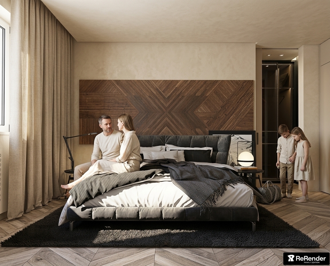Transform this bedroom image into an ultra-realistic architectural photograph while preserving the exact geometry, furniture, perspective, and composition. 

Architecture & Preservation:
- Retain the exact room layout, chevron wood flooring, dark patterned wood accent wall, headboard, bed, nightstands, curtains, lighting fixtures, and glass closet.
- Maintain the identical camera angle, framing, and focal length.

Boho Japandi Material & Color Transformation:
- Apply a continuous, seamless decorative mineral plaster coating inspired by Jeger Shabby Chic Fluff/Bloom across the walls and ceiling.
- Use an identical warm creamy beige, oatmeal, or limestone plaster finish on both walls and ceiling with a delicate, powdery matte micro-texture.
- Update cabinetry and trim to an ultra-matte sand beige that subtly complements the plaster envelope.
- Avoid bright whites, cold grays, or high-contrast ceilings.

Family Integration:
- Naturally integrate a four-person family (mother, father, 12-year-old son, 10-year-old daughter) naturally inhabiting the bedroom during an unposed, quiet daily moment.
- Dress them in high-end, neutral-toned linen and cotton attire (cream, oatmeal, sand).
- Poses must be subtle, relaxed, and adapted to the bedroom space (e.g., sitting casually on the edge of the bed or pausing near the doorway), keeping architecture as the primary focus (occupying only 10–15% of visual weight). Avoid direct camera contact or staged poses.

Photographic Realism & Lighting:
- Emphasize natural, soft daylight filtering through the window as the primary light source, with balanced global illumination and subtle realistic shadows.
- Render physically accurate materials: tactile wood grain, natural fabric textures on bedding, authentic glass reflections, and realistic plaster microtextures.
- Style as a warm, serene, full-frame architectural editorial photograph for a luxury design publication.