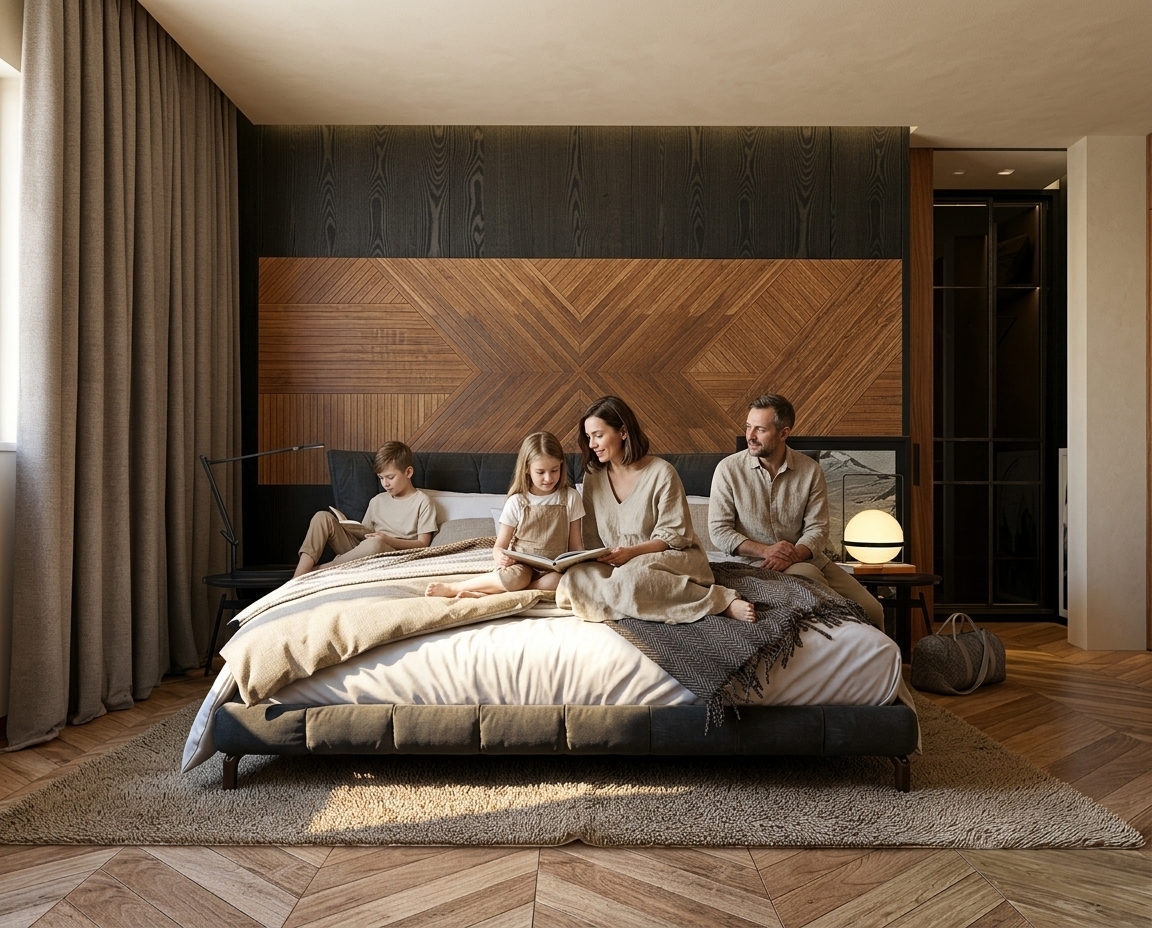 Transform this bedroom image into an ultra-realistic architectural photograph, removing all overlay text while strictly preserving the room's geometry, perspective, furniture, and layout.

Architecture and Elements:
- Preserve the exact layout: the dark tufted platform bed, textured bedding, the geometric chevron wood headboard accent wall, dark vertical wood paneling, herringbone hardwood floors, floor-to-ceiling drapery, bedside tables, globe lamp, and closet structure.
- Retain exact camera position, framing, proportions, and lighting design.

Material and Color Palette (Boho Japandi):
- Finish walls and ceiling in a continuous, seamless warm creamy-beige decorative mineral plaster with a powdery matte texture (inspired by Jeger Shabby Chic Fluff/Bloom), merging walls and ceiling without white trim or cool undertones.
- Use an organic, monochromatic palette: oatmeal, warm ivory, sand, and flax beige.
- Enhance physical realism of all materials: tactile bedding fabrics, authentic wood grain on the accent wall and herringbone floor, realistic metal and glass finishes.

Family Presence:
- Naturally integrate a family of four (mother around 35 in natural linen, father around 42, son around 12, daughter around 10) engaged in a quiet, candid everyday bedroom moment (such as relaxing, reading, or conversing).
- Ensure poses, gestures, and scale are subtle and authentic, occupying only 10–15% of visual focus without obstructing primary architectural features.
- Attire should be relaxed, contemporary Boho Japandi in neutral linen and cotton tones without logos or bright colors.

Lighting and Photography:
- Soft, natural daylight as primary illumination, supplemented subtly by the warm ambient bedside lamp.
- High-end architectural photography quality: crisp focus, natural dynamic range, accurate shadows, and balanced exposure suitable for an architectural design magazine.