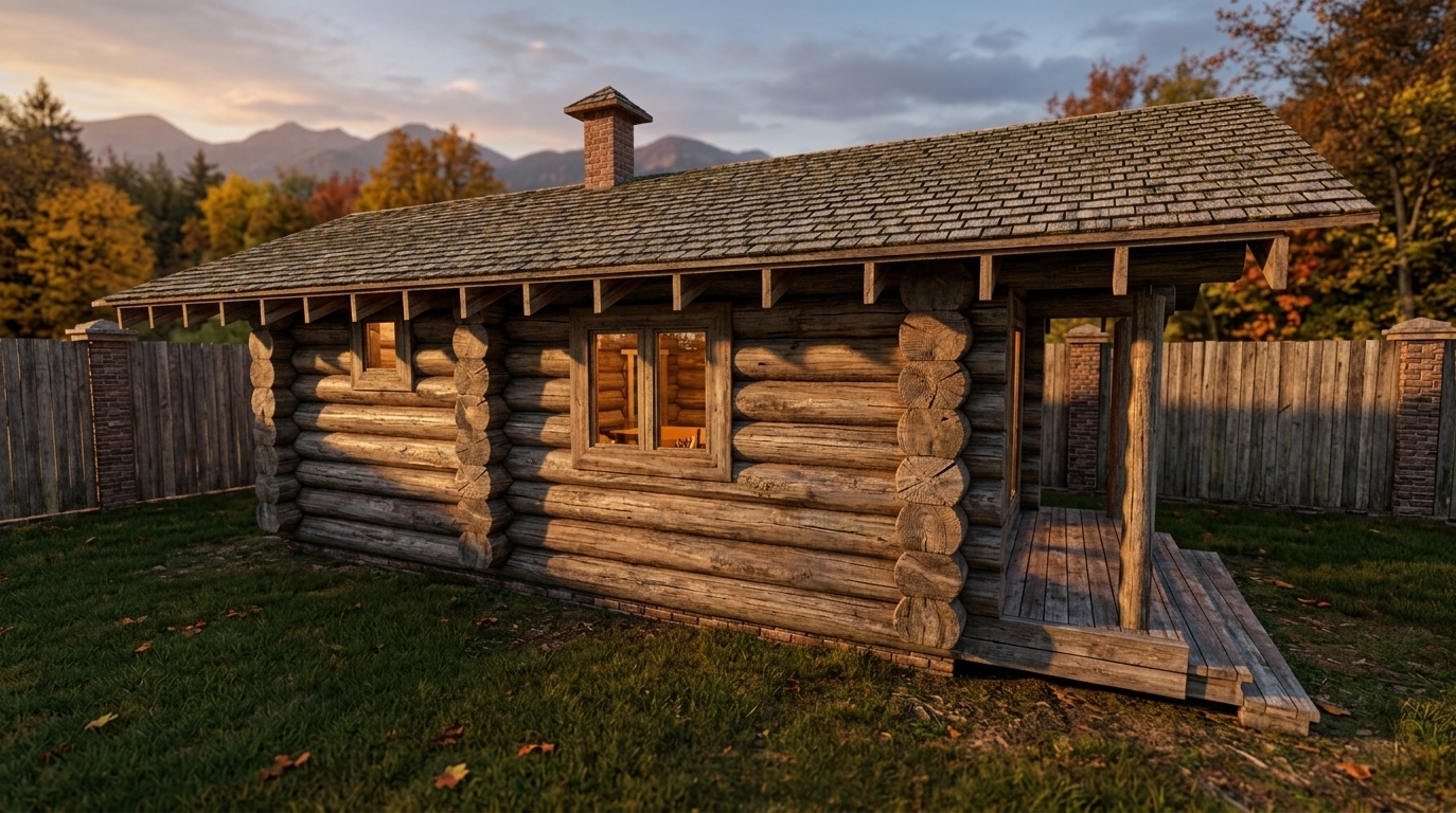 An incredibly lifelike, richly detailed, photorealistic wide-angle exterior shot of a rustic, cozy log cabin nestled in a peaceful autumn mountain escape. The scene is illuminated by the soft, golden glow of a dramatic sunset, casting warm highlights and elongated shadows across the textured timber facade and lush lawn, creating an inviting, rugged, and serene alpine atmosphere. Captured with a full-frame camera and a 35mm architectural tilt-shift lens, emphasizing the tactile grain of horizontally stacked weathered logs, the detailed cedar shake shingles on the overhanging gabled roof, the sturdy red brick chimney, and the rustic planked deck of the open porch. Surrounded by a handcrafted wood and brick perimeter fence, the building's rich palette of deep greens, earthy browns, and warm neutrals evokes the comfortable elegance of a high-end mountain retreat featured in a fine-art architecture photography book.