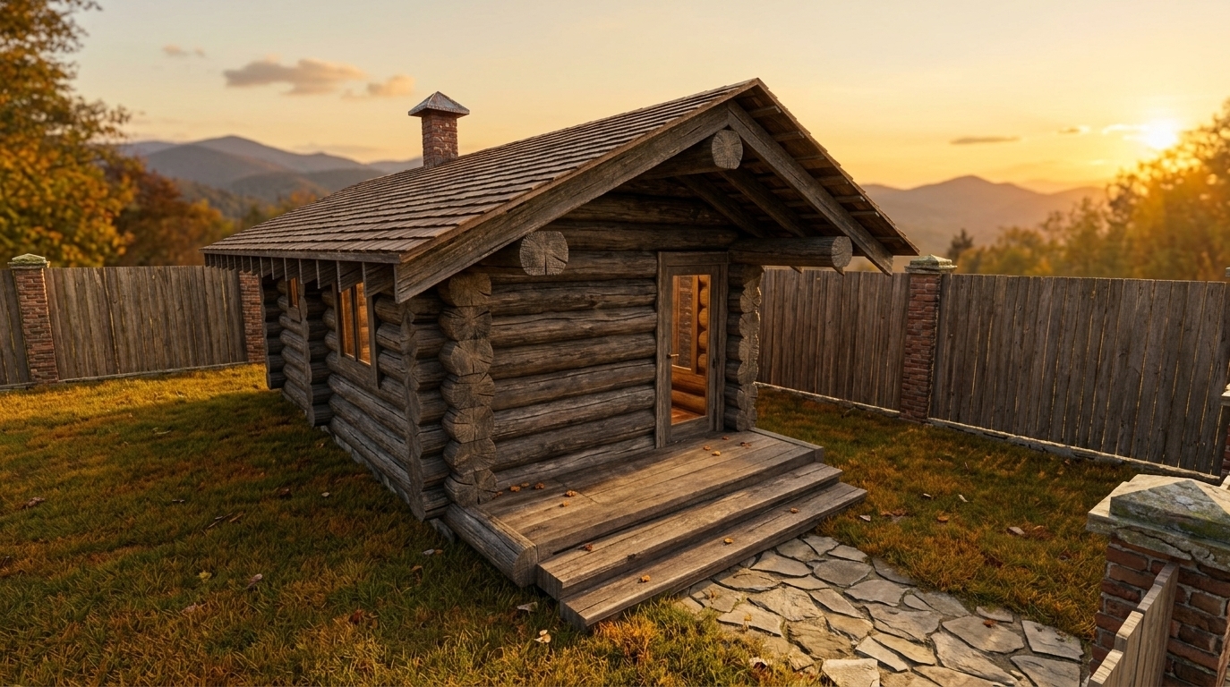 An incredibly lifelike, richly detailed, photorealistic eye-level exterior shot of a rustic log cabin retreat set in a serene autumn mountain escape. The scene is illuminated by the warm, golden light of a late afternoon sunset casting gentle, elongated shadows, creating a cozy, deeply inviting atmosphere. Captured with a professional full-frame camera and a 35mm prime lens, emphasizing the tactile, weathered textures of dark interlocking timber logs, rough-hewn end-grain joints, and overlapping cedar roof shakes. A handcrafted timber staircase leads up to the glass-paneled entry door, framed beneath generous overhanging gables and anchored by a classic brick chimney. Surrounding the manicured lawn, a rustic wooden fence punctuated with brick pillars encloses the yard, complemented by a natural flagstone pathway that winds toward this rugged, comfortable alpine sanctuary.