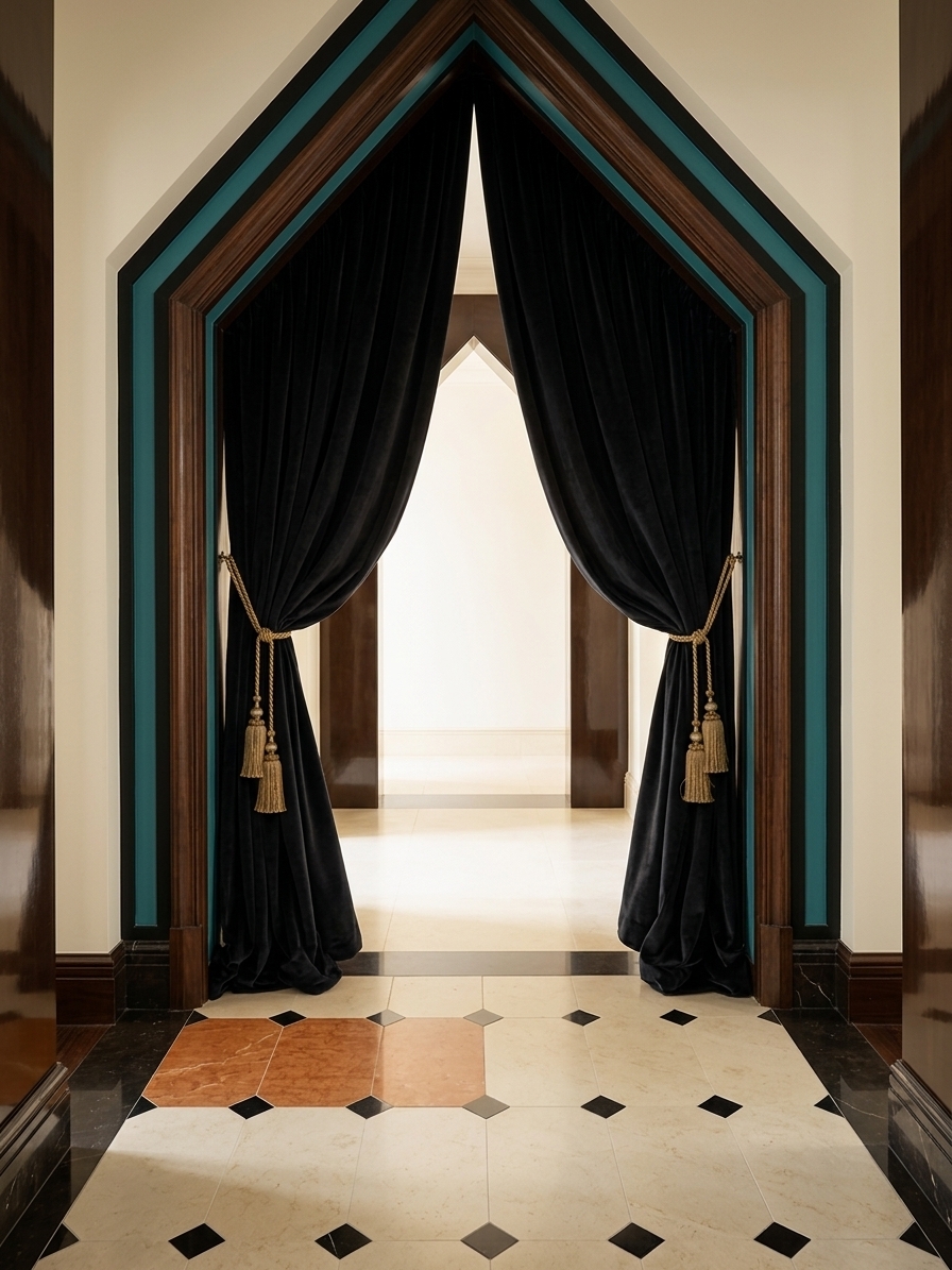 A straight-on interior photograph of an arched doorway framed by heavy black velvet drapes tied back with golden tassels, maintaining the exact perspective and layout of the sketch. The pointed archway features distinct turquoise and black painted striped moldings set against rich dark brown walls. In the foreground, the floor is finished in polished warm brown ceramic tiles with small dark diamond cabochons and dark baseboards. Soft directional lighting highlights the plush matte texture of the velvet fabric and creates subtle glossy reflections across the tiled floor, captured with a sharp 35mm lens, deep natural shadows, and realistic material finishes.