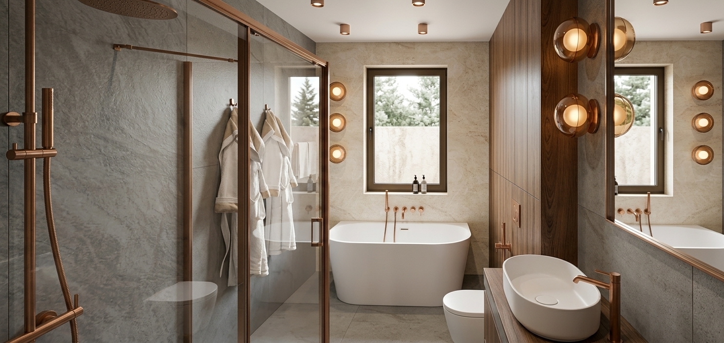 A photorealistic interior photograph capturing the bathroom with identical composition, featuring warm beige porcelain tile walls and flooring, delicate beige sintered stone shower surfaces, and light oak wood cabinetry. The fixtures, shower frames, and deck-mounted faucet are rendered in brushed copper with subtle metallic highlights. Warm amber glass globe sconces and integrated under-mirror LED strips provide cozy illumination, balanced by soft, cool daylight filtering through the central window that reveals a misty winter landscape. The freestanding tub, oval vessel sink, and hanging terrycloth bathrobes appear in clean white, depicted with natural fabric draping, realistic glass reflections, subtle contact shadows, and sharp photographic depth.