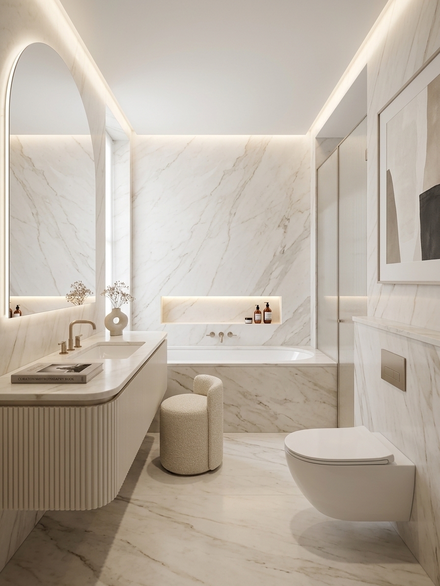 An incredibly lifelike, richly detailed, photorealistic wide-angle interior photograph of a luxury contemporary master bathroom set in an upscale high-end residence. The scene is illuminated by soft, recessed perimeter cove lighting and a minimalist sculptural wall sconce paired with diffused ambient daylight, creating an ultra-serene, spa-like, and sophisticated atmosphere. Captured with a full-frame camera on a 24mm tilt-shift lens at f/8, emphasizing the seamless polished stone veining, subtle tactile fabrics, and brushed metallic hardware.

The outdated, cramped layout is completely transformed into an airy sanctuary defined by contemporary elegance and refined proportions. The walls and flooring are clad in floor-to-ceiling, large-format slabs of polished Calacatta pearl stone with delicate champagne and soft gray veining, eliminating cluttered grout lines to dramatically expand the visual space. 

In place of the pedestal basin, a bespoke floating vanity in a warm white fluted lacquer finish is crowned with a solid polished stone countertop and a seamless undermount basin. Slim champagne bronze faucets with clean, architectural lines rise gracefully from the surface, paired with an expansive, arched backlit vanity mirror that casts a soft, halo-like ambient glow across the room. Beside the vanity, a tailored vanity stool upholstered in rich pearl-toned textured bouclé brings unexpected warmth and residential comfort to the space.

The back wall features a deep, streamlined soaking tub seamlessly integrated into an alcove clad in book-matched stone, complemented by a minimalist, frameless fluted glass shower partition. A recessed niche with hidden warm LED strip lighting neatly displays curated bath amenities in amber glass bottles. The sanitary fixtures on the right are replaced with a sleek, wall-hung toilet with a concealed in-wall carrier and minimalist flush plate, maximizing open floor area and maintaining an uncluttered, modern aesthetic.

Elevating the interior's artistic sensibility, a large framed piece of minimalist abstract wall art in shades of warm white, taupe, and subtle charcoal hangs gracefully above a slender stone ledge. A curated hardback photography book and a small sculptural ceramic vase holding delicate dried florals rest thoughtfully on the vanity counter, infusing the space with an understated, gallery-level refinement. The overall composition achieves flawless balance and tranquility, redefining the bathroom as an opulent, light-filled personal retreat.