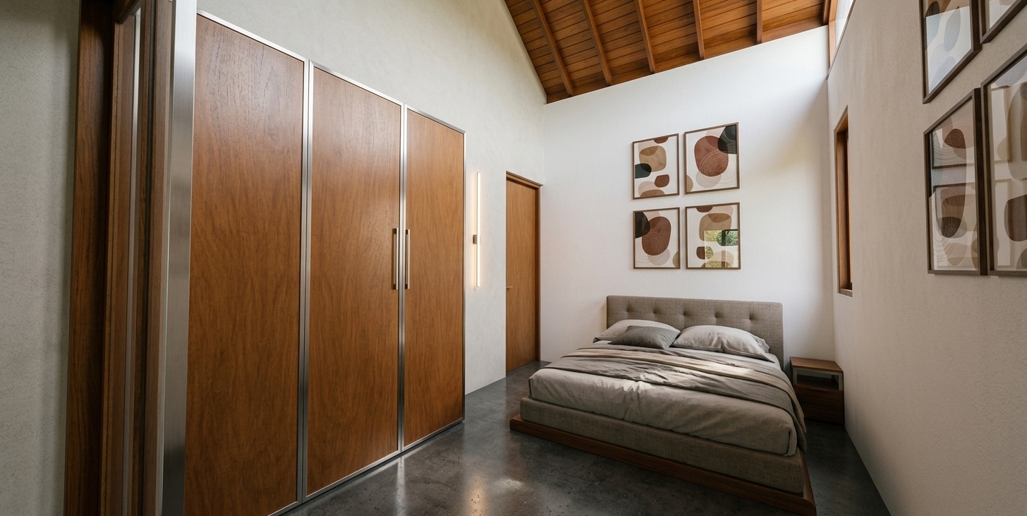 A crisp architectural photograph of the modern bedroom bathed in bright spring midday light, captured on a wide-angle lens. Soft, diffuse natural daylight fills the high-ceilinged room, casting gentle shadows from the exposed wooden beams onto textured white plaster walls. Rich, realistic wood grain textures define the fitted wardrobe panels and ceiling rafters, while the matte concrete floor shows faint surface reflections. The bed is dressed in naturally rumpled linen bedding with a finely textured tufted headboard beneath the framed earth-toned art, producing a balanced, true-to-life exposure with subtle atmospheric depth and realistic material finishes throughout the exact scene.