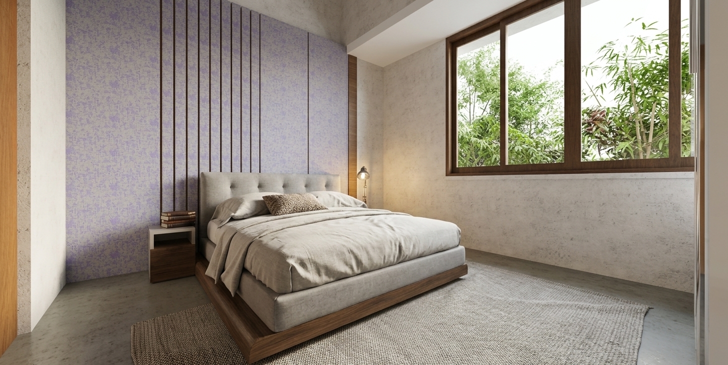 A bright architectural photograph of the modern bedroom on a clear spring midday, captured with a 35mm interior lens. Natural daylight pours through the large wooden window frame, highlighting the vibrant green foliage outside and casting soft, realistic shadows across the room. The bed features textured linen sheets with organic folds, a soft tufted fabric headboard, and a rich walnut wood base matching the vertical wall slats and nightstand. Plaster walls, the feature wallpaper, and the floor rug display subtle micro-textures under a neutral, balanced color temperature.