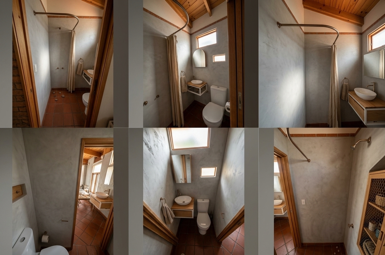 An incredibly lifelike, richly detailed, photorealistic wide-angle interior shot of a reimagined minimalist bathroom set in a charming rustic-contemporary home. The scene is illuminated by gentle, diffused daylight streaming through the high frosted window and soft ambient warmth reflecting off the rich wood tones above, creating a calm, spa-like atmosphere. Captured with a 24mm architectural wide-angle lens at a natural perspective, emphasizing the textural interplay between smooth, hand-troweled plaster, earthy terracotta, and warm natural timber.

The entire wall expanse has been transformed into a seamless, monolithic canvas of light grey microcement, extending cleanly from the base up to meet the original pitched pine ceiling with crisp, unadorned junctions. All traces of former shower fixtures, valves, knobs, and wall plates have vanished, leaving behind immaculate, continuous surfaces with a subtle velvety mottle. Grounding the space, the original rich terracotta floor tiles remain completely intact, providing an authentic earthy anchor beneath the refreshed architecture. Mounted gracefully on the wall, a Scandinavian-industrial floating vanity features an airy matte white metal box frame supporting two thick slabs of light-toned, visible-grain wood, a concealed-pull drawer, and an organic oval white ceramic vessel sink accented by a tall, elegant faucet. Paired with a sleek, minimalist modern white toilet, the space harmonizes timeless rustic character with refined, uncluttered modern luxury.