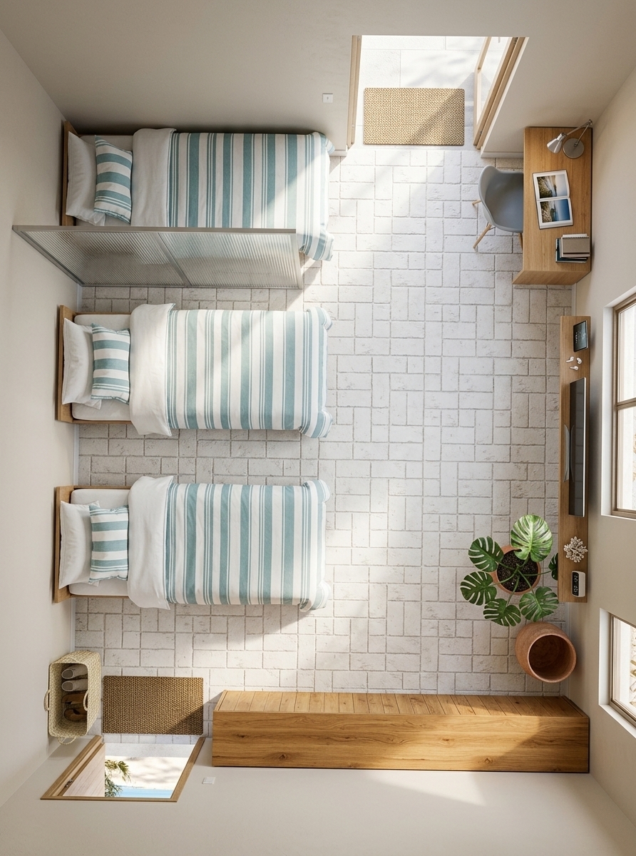 An incredibly lifelike, richly detailed, photorealistic top-down architectural photograph of a spacious shared coastal bedroom set in a light-filled seaside guest villa. The scene is illuminated by bright, clear midday autumn sunlight sweeping across the room, creating an airy, fresh, and sun-kissed nautical atmosphere. Captured with a crisp wide-angle overhead lens, emphasizing the fine, tactile textures of weathered white stone-look floor tiles, sandy neutral textiles, and smooth natural wood surfaces. Along the left wall, three neatly dressed single beds feature crisp, inviting white and seafoam-blue linens with plush pillows, subtly divided by a sleek privacy partition near the upper bunk area. The top right corner hosts a warm light-oak study desk fitted with a minimalist task lamp, an open photography book, and a sleek grey chair, while the adjacent wall displays a slim floating media shelf and accents of coastal decor alongside potted indoor greenery. A generous natural timber wardrobe lines the bottom wall beside the open doorway, effortlessly anchoring the space in a casual, uncluttered, and relaxing beachy elegance.