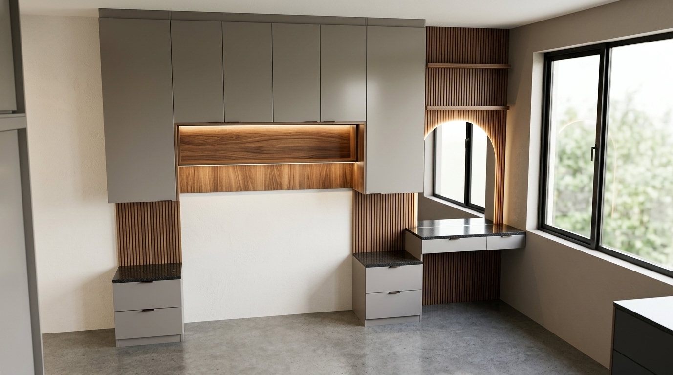 An architectural interior photograph of the modern built-in bedroom cabinetry, preserving the exact geometry and layout. Soft natural daylight floods the space from the right window, balanced by warm integrated LED under-cabinet strip lighting. The cabinetry features smooth matte warm-gray finishes, detailed natural walnut wood grain, and tactile vertical fluted timber accents. The arched vanity mirror shows crisp reflections, while clean matte plaster covers the walls. Captured with a professional tilt-shift lens, featuring balanced dynamic range, realistic contact shadows, authentic surface micro-textures, and subtle photographic grain.